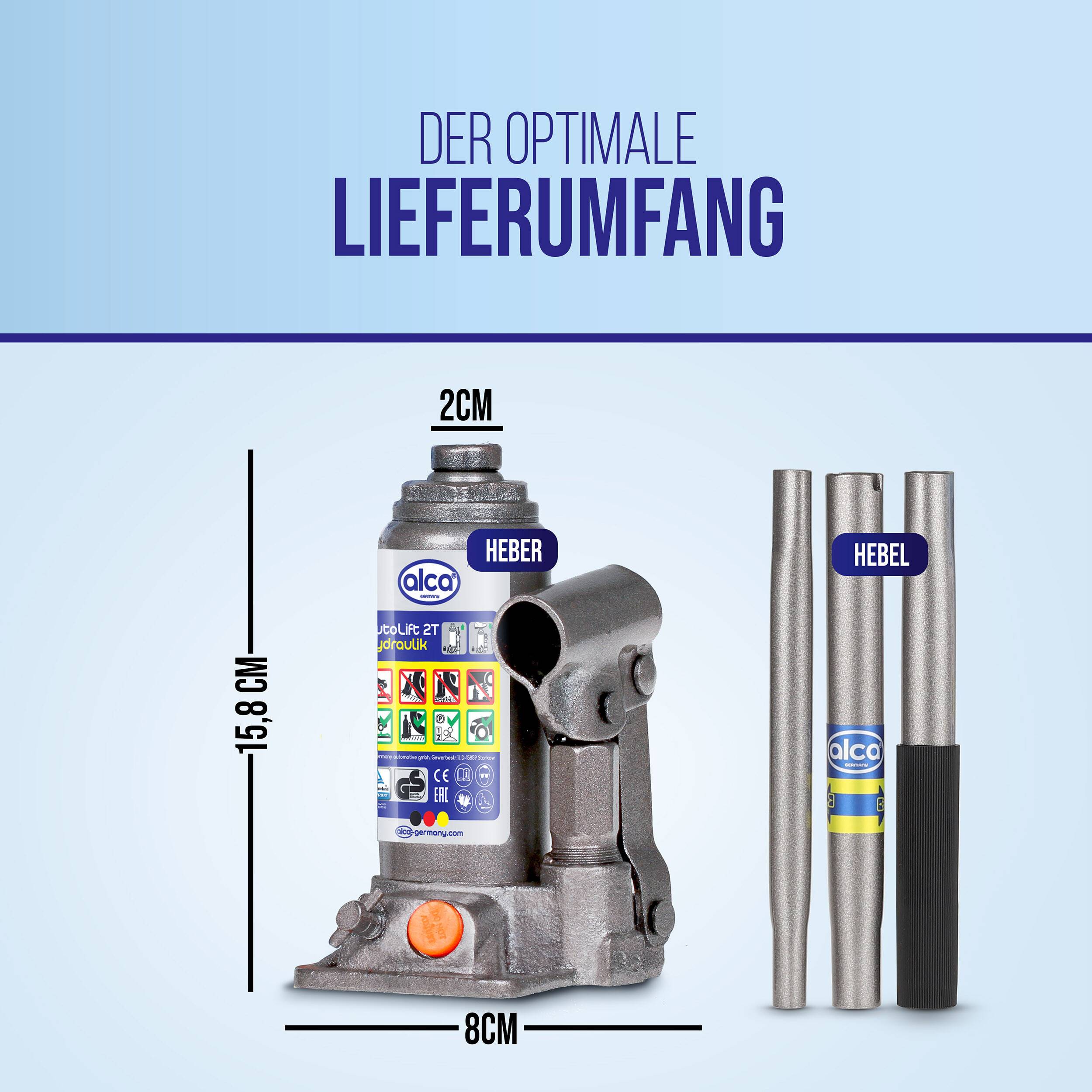 alca® Hydraulischer Wagenheber 2t I Stempelheber & Unterstellheber aus Stahl I für Auto, Motorrad, PKW & Werkstatt I