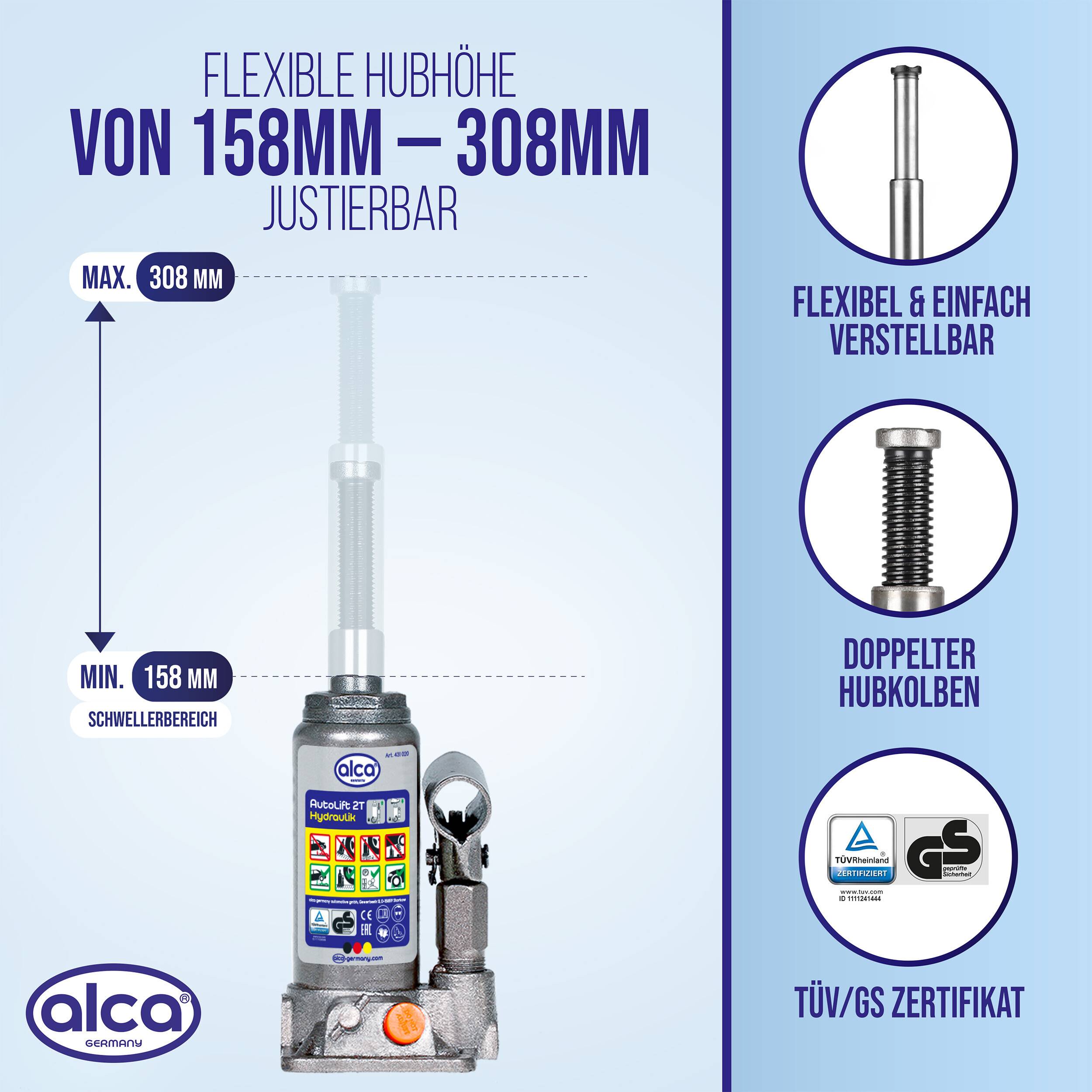 alca® Wagenheber Set hydraulisch 2 t, inkl. L-Adapter, 158-308 mm Hubhöhe kompakter Stempelheber aus Stahl,
