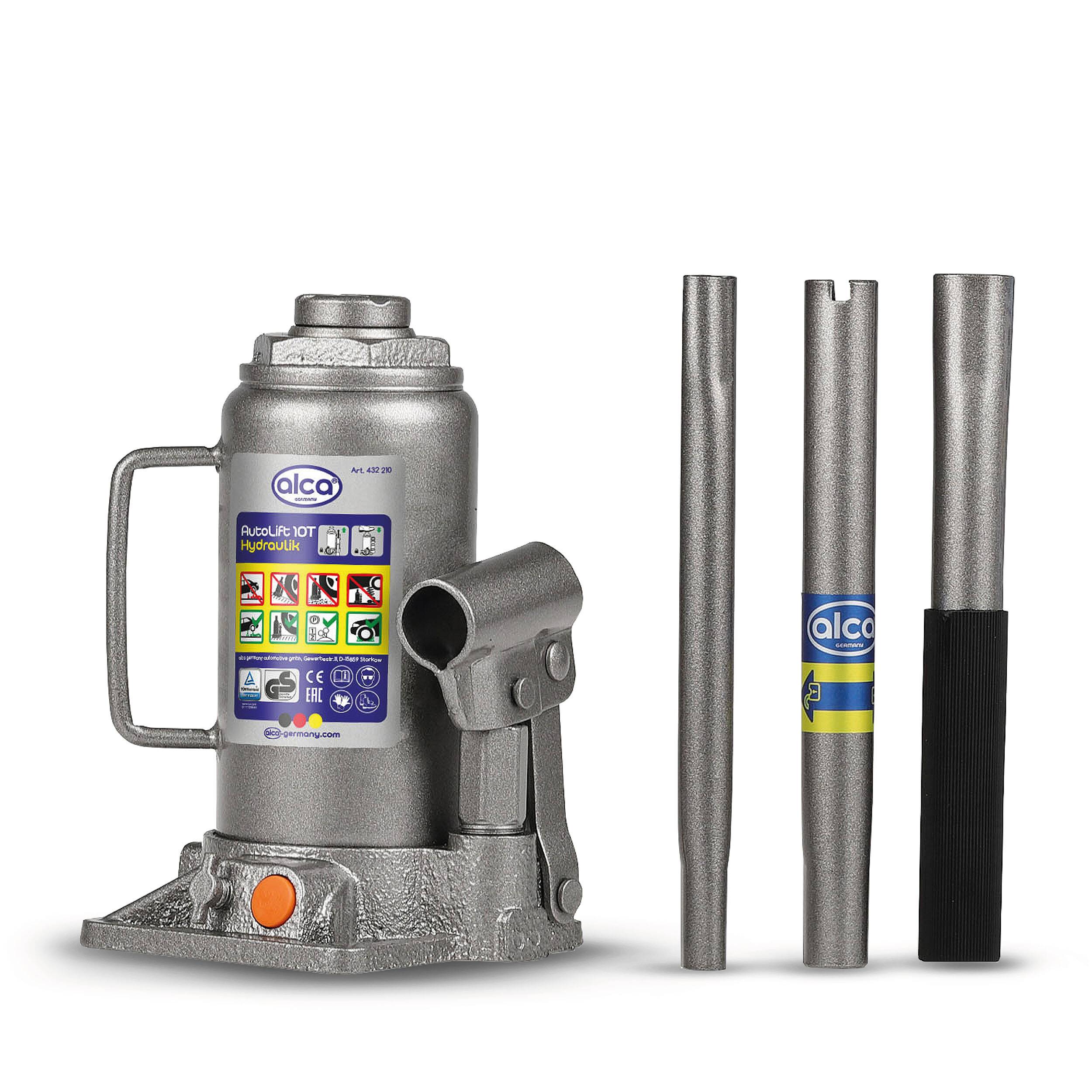 Silberfarben eloxierte hydraulische Flaschenhuber mit Griff, Hebeln und Sicherheitsmerkmalen. Geeignet zum Heben von Fahrzeugen. Beinhaltet Sicherheitsetiketten und Branding.