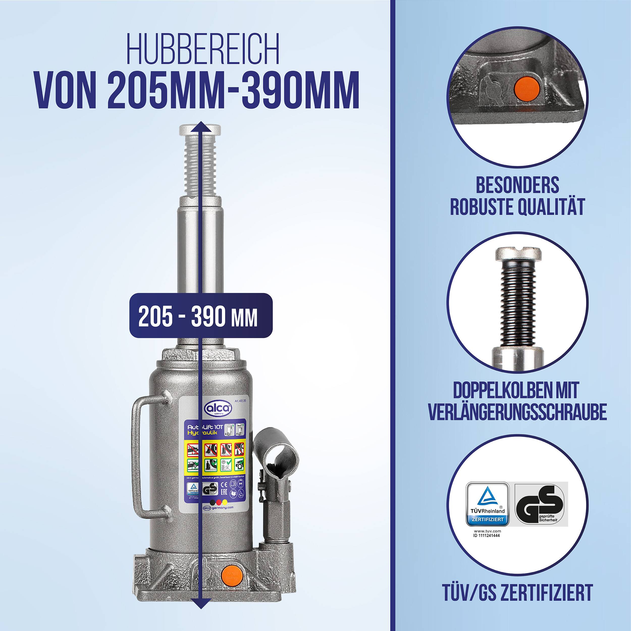 alca® Wagenheber hydraulisch 10 t Doppelkolben, 205-390 mm Hubhöhe Doppelkolben Stempelheber, Öl nachfüllbar,