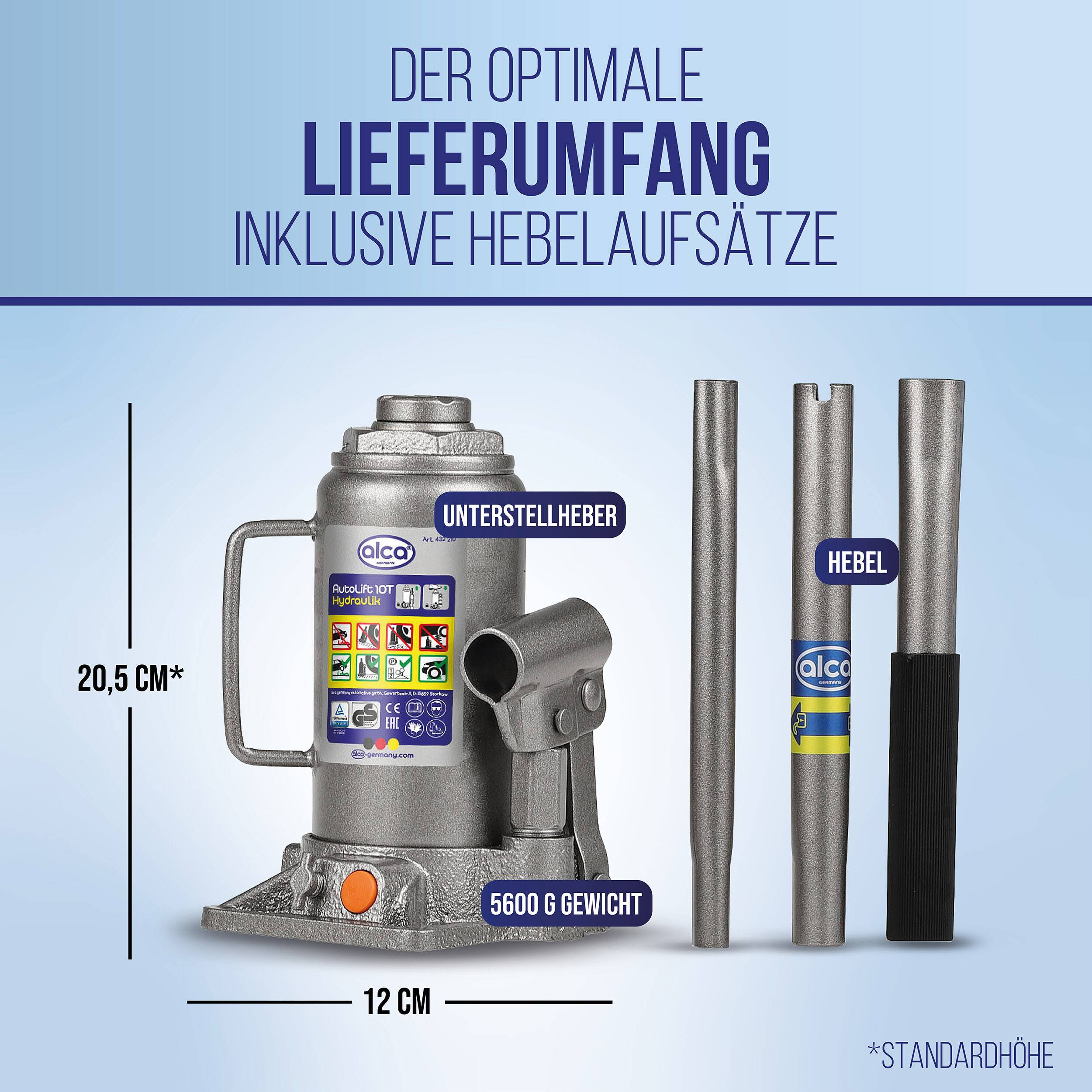 Produktdiagramm mit einem Flaschendomkrat mit Unterfahrschutz und drei Hebelsektionen; mit beschrifteten Abmessungen von 20,5 cm Höhe und 12 cm Breite, Gewicht 5600 g.