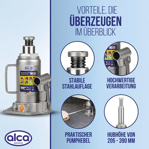 alca® Wagenheber Unterstellheber hydraulischer 10t Stempel-Wagenheber für LKW/PKW Hubhöhe 20,5-39cm alca® Wagenheber Unterstellheber hydraulischer 10t Stempel-Wagenheber für LKW/PKW Hubhöhe 20,5-39cm