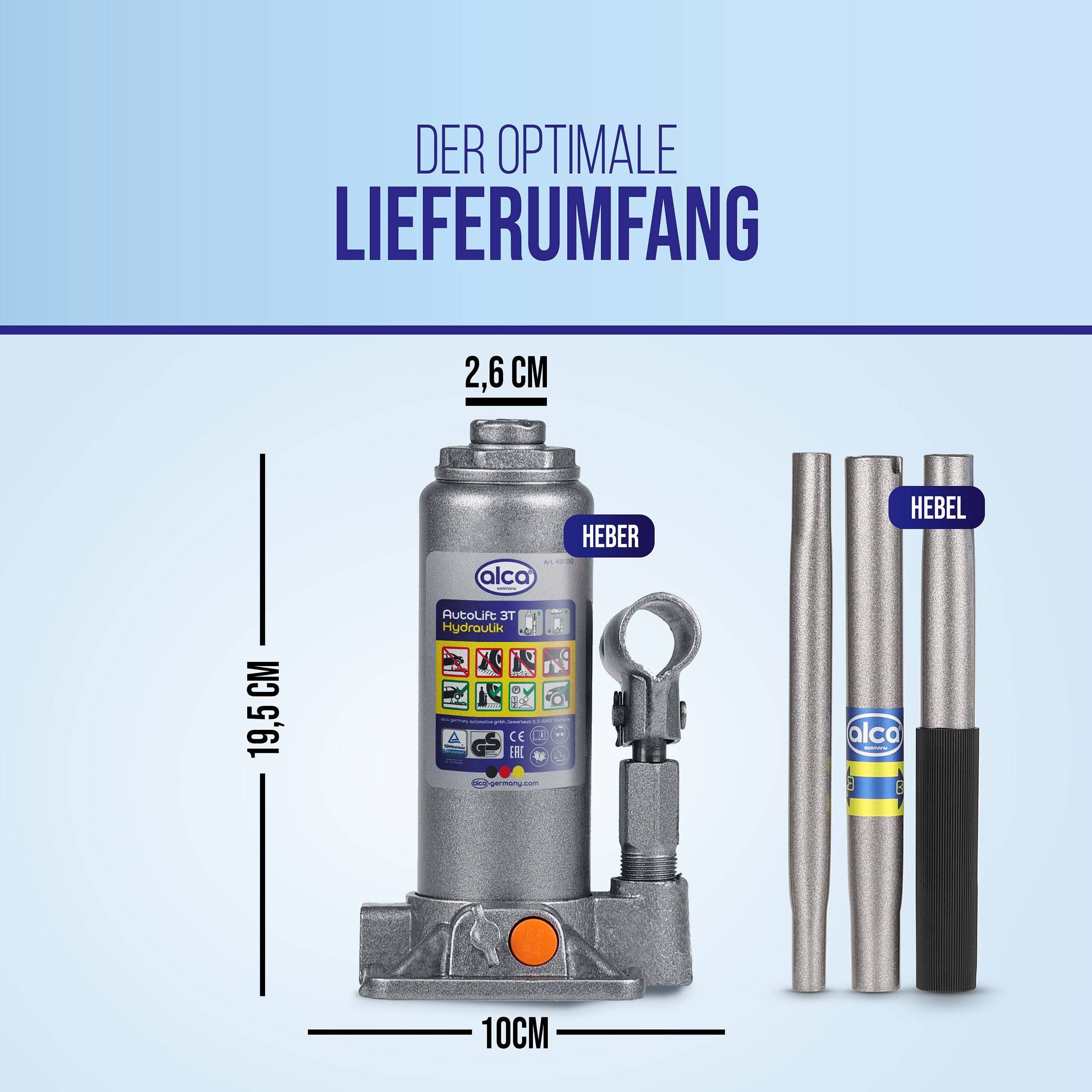 Infografik mit den optimalen Lieferinhalten: ein Wagenheber von 19,5 cm, 2,6 cm obere Breite, 10 cm Basisbreite und zwei Hebel mit der Bezeichnung „HEBEL