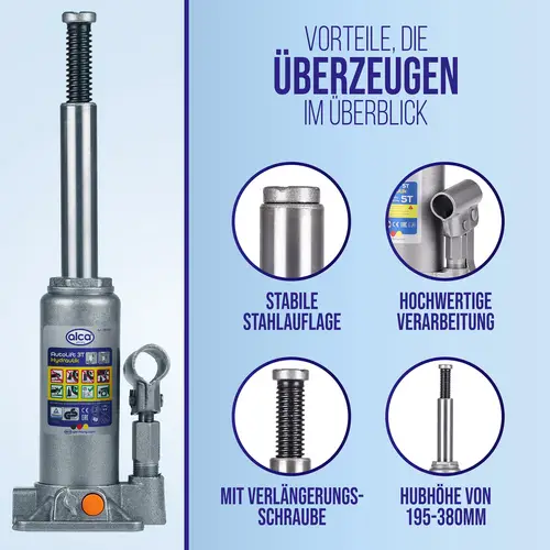 alca® Unterstellheber hydraulisch Wagenheber 3t Stempel-Wagenheber für SUV/PKW Hubhöhe 19,5-38cm alca® Unterstellheber hydraulisch Wagenheber 3t Stempel-Wagenheber für SUV/PKW Hubhöhe 19,5-38cm