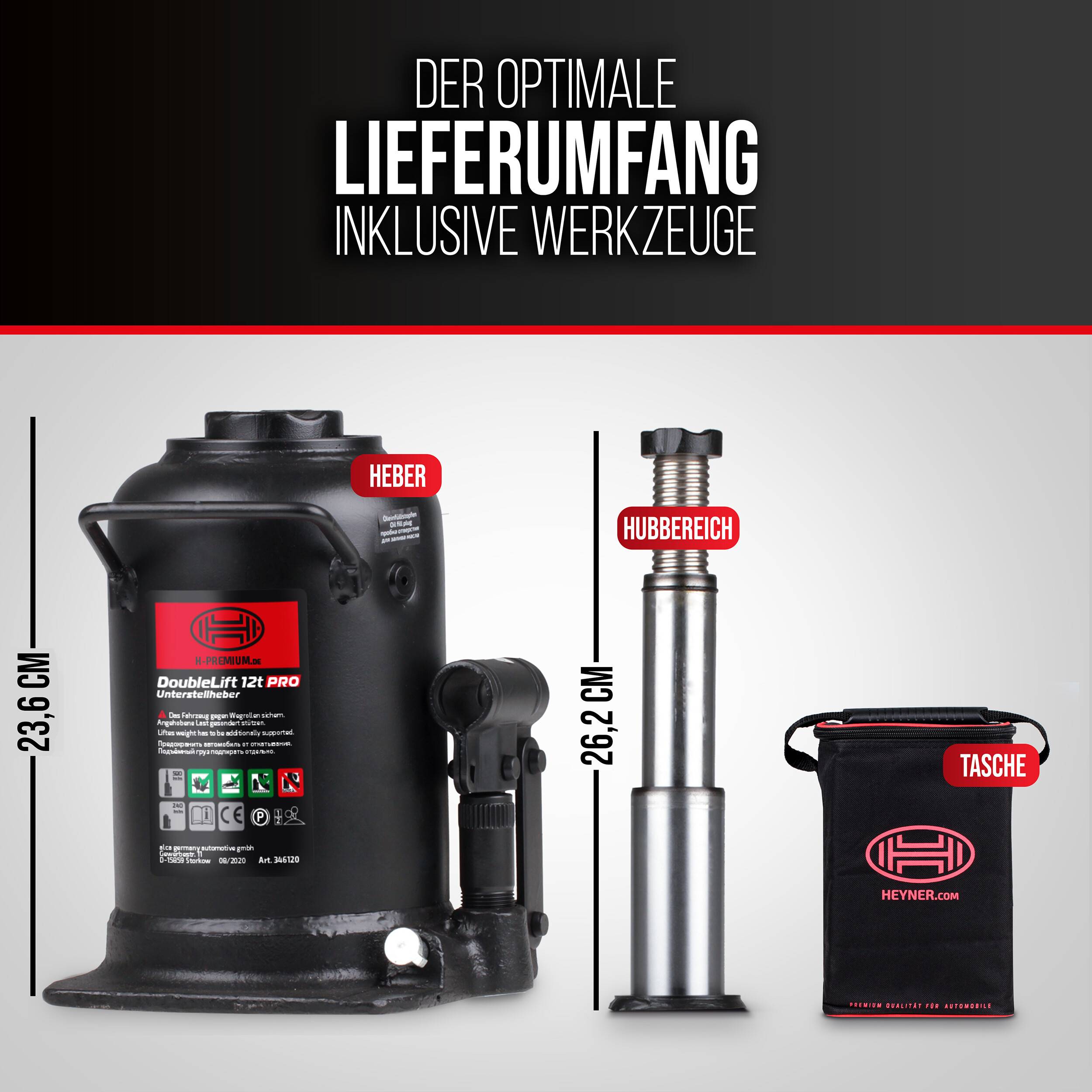 Produktpaketbild mit optimalem Lieferumfang mit Werkzeugen: ein Hydraulikwagenheber ('HIEBER'), eine Nabenvergrößerung ('HUBBEREICH'), und eine Tragetasche ('TASCHE').