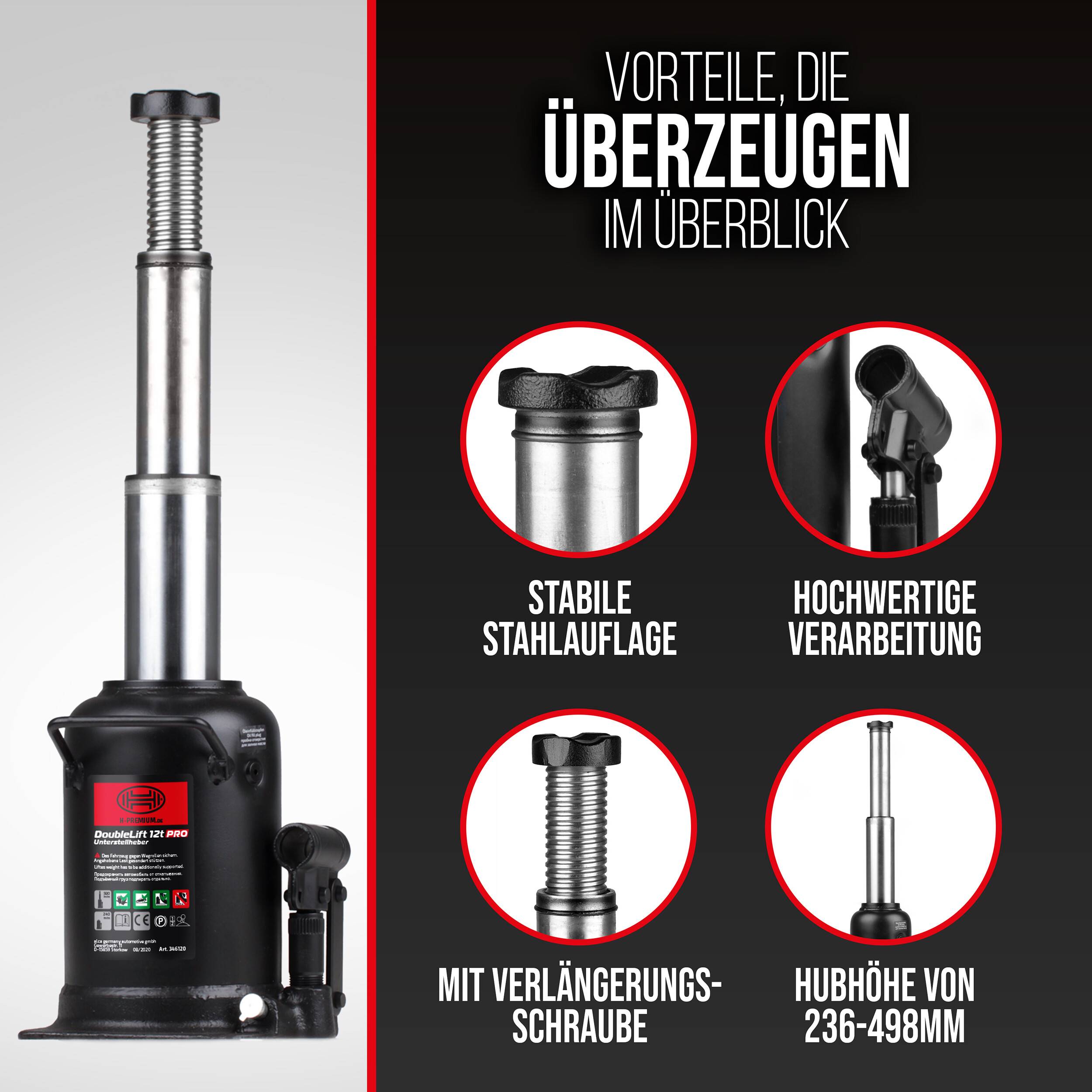 Produktbild einer hydraulischen Flaschenhuber mit schwarzer Basis und silberner Hebevorrichtung, daneben deutsche Beschriftungen, die stabile Stahlstütze, hochwertige Konstruktion, Verlängerungsschraube und Hubhöhe von 236–490 mm hervorheben.