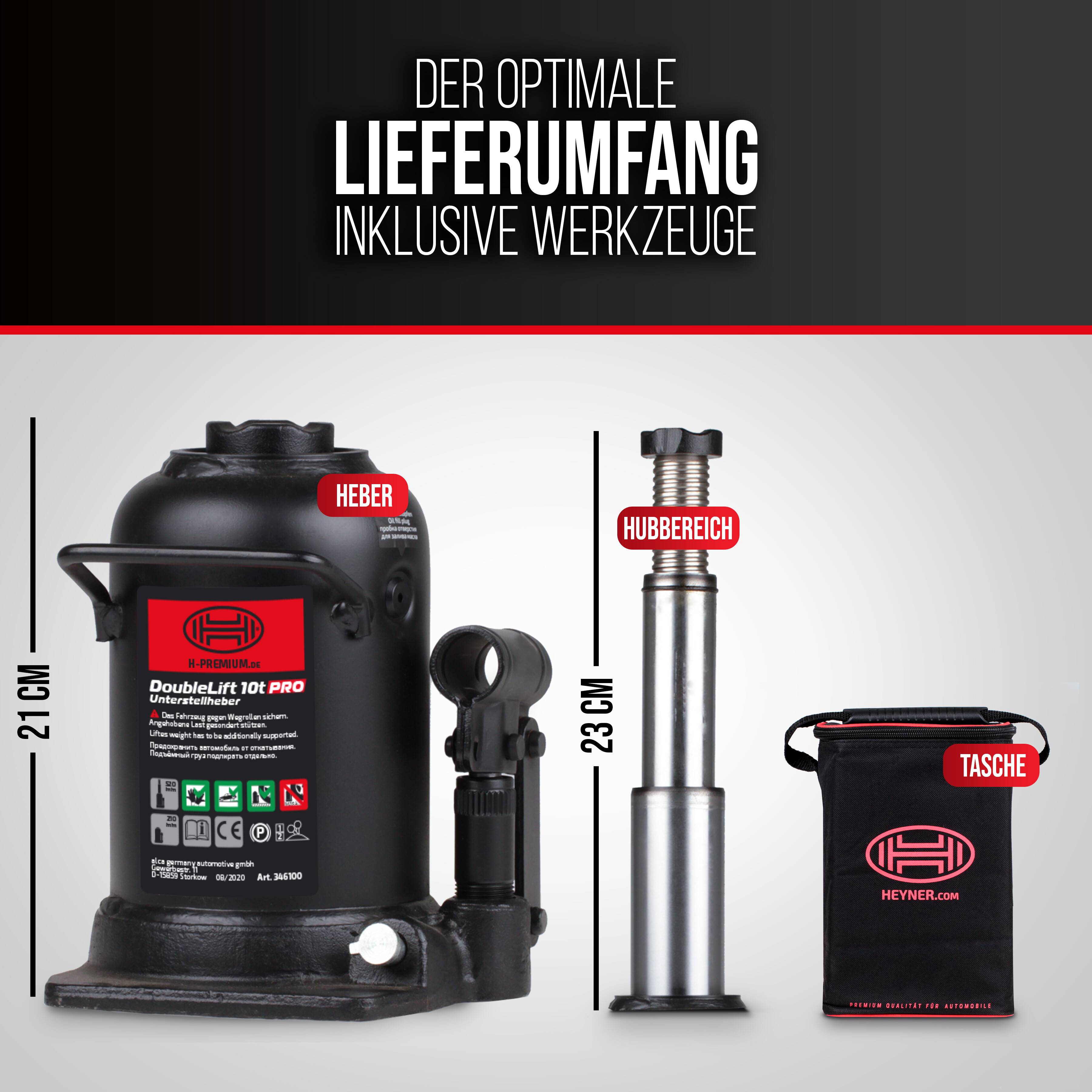 HEYNER® Stempelwagenheber Hydraulisch 10t Wagenheber Doppelhub-Unterstellheber I Hubhöhe 210-442mm I Doppelter Hubkolben
