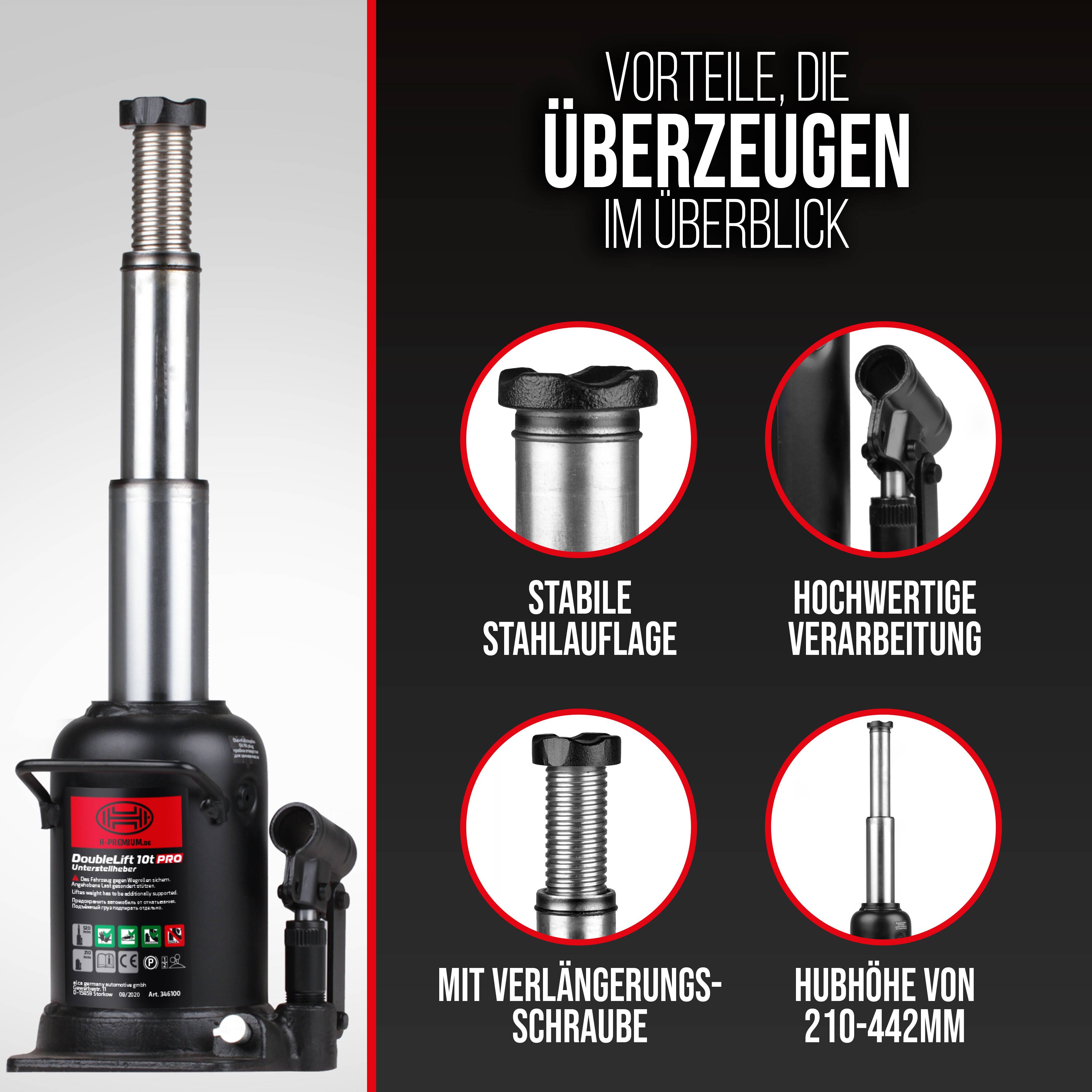 Deutscher Produktinfotext für einen Flaschenwaage mit vier Callouts: stabile Stahlbasis, hochwertige Oberflächenfinish, Verlängerungsschraube und Hubbereich von 210–442 mm.
