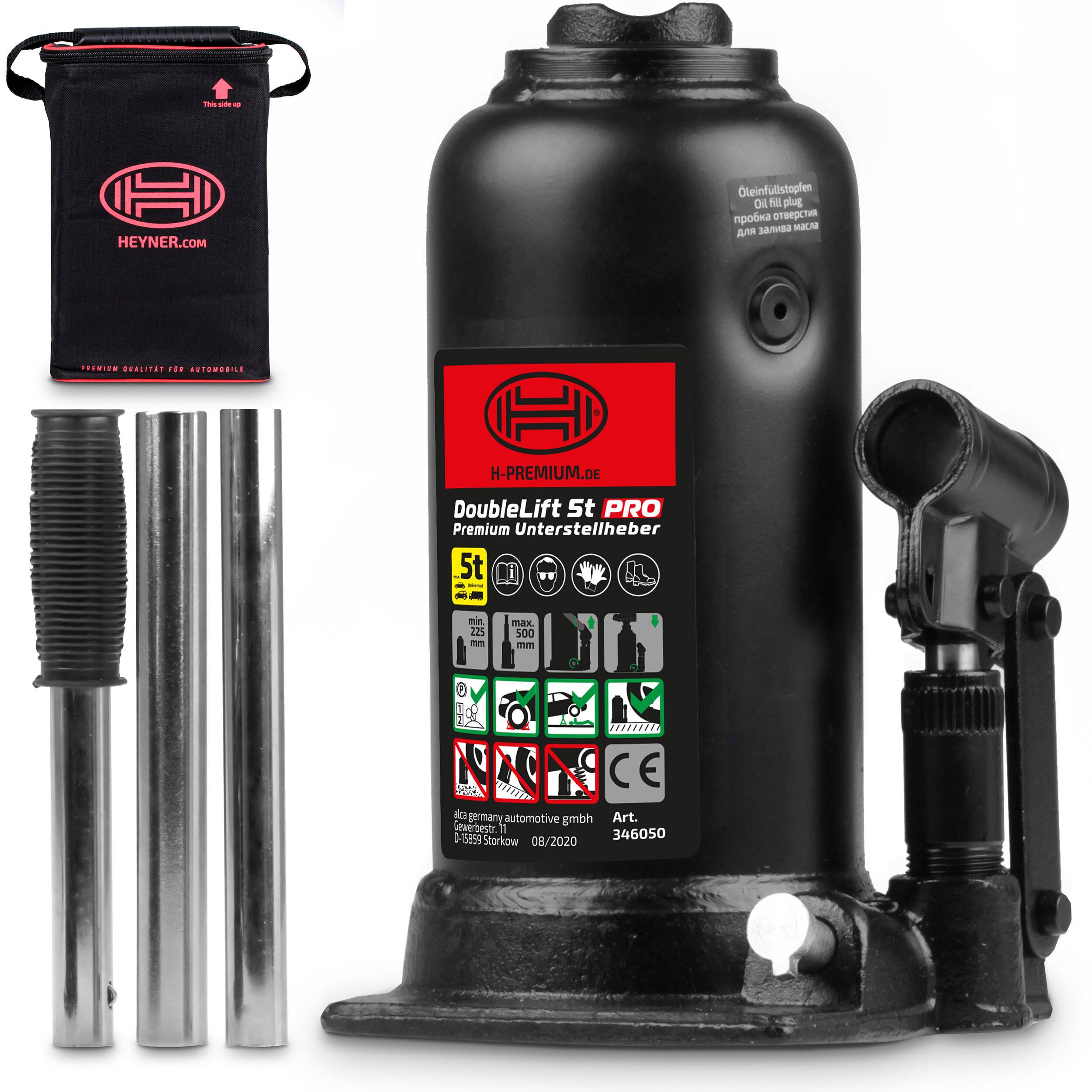 HEYNER® Hydraulischer Unterstellheber 2-stufig I DoubleLift 5t PRO I Stempelwagenheber aus Stahl I Hubhöhe 225–500 mm I