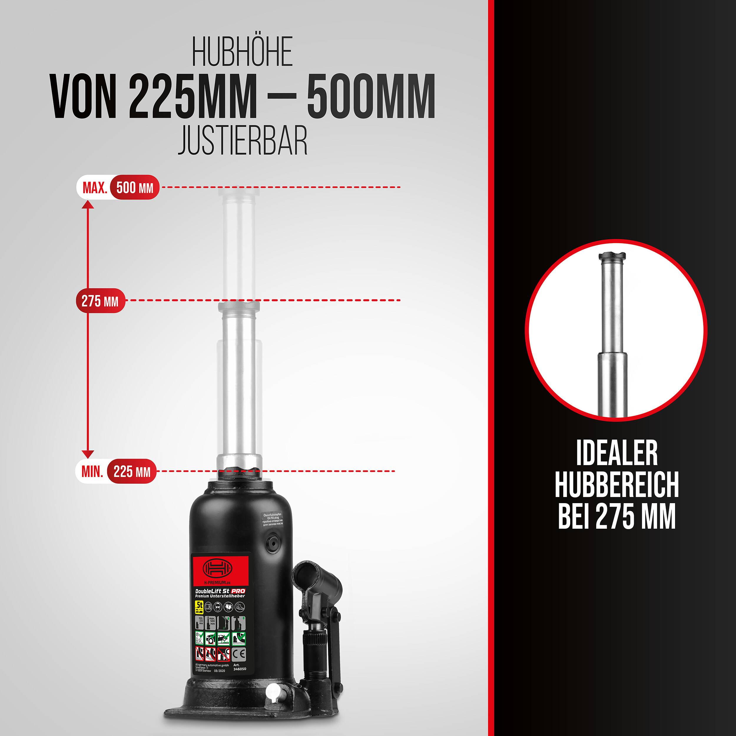 HEYNER® Hydraulischer Unterstellheber 2-stufig I DoubleLift 5t PRO I Stempelwagenheber aus Stahl I Hubhöhe 225–500 mm I