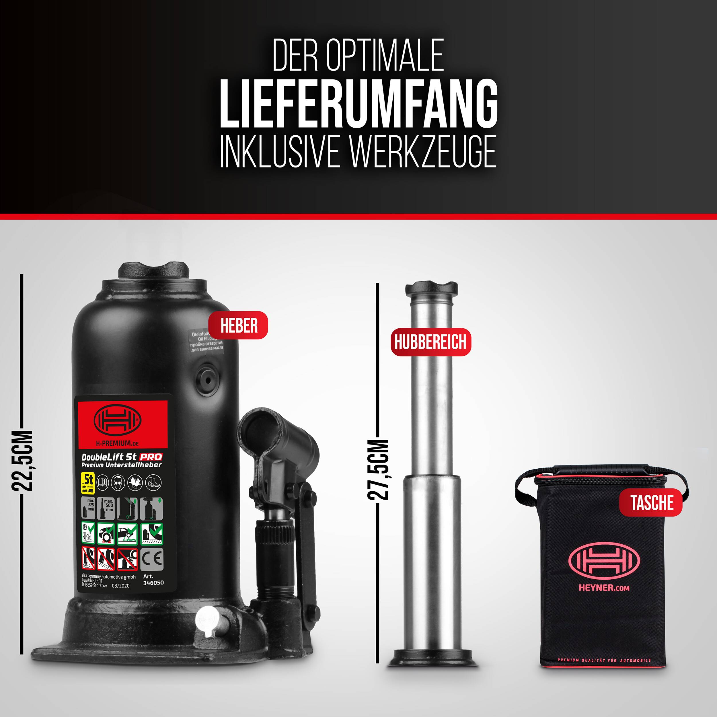 HEYNER® Hydraulischer Unterstellheber 2-stufig I DoubleLift 5t PRO I Stempelwagenheber aus Stahl I Hubhöhe 225–500 mm I