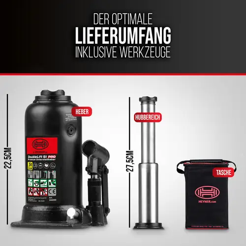 HEYNER® Doppelhub-Unterstellheber hydraulischer Wagenheber 5t Stempel-Wagenheber für SUV/PKW Hubhöhe 22,2-50cm HEYNER® Doppelhub-Unterstellheber hydraulischer Wagenheber 5t Stempel-Wagenheber für SUV/PKW Hubhöhe 22,2-50cm