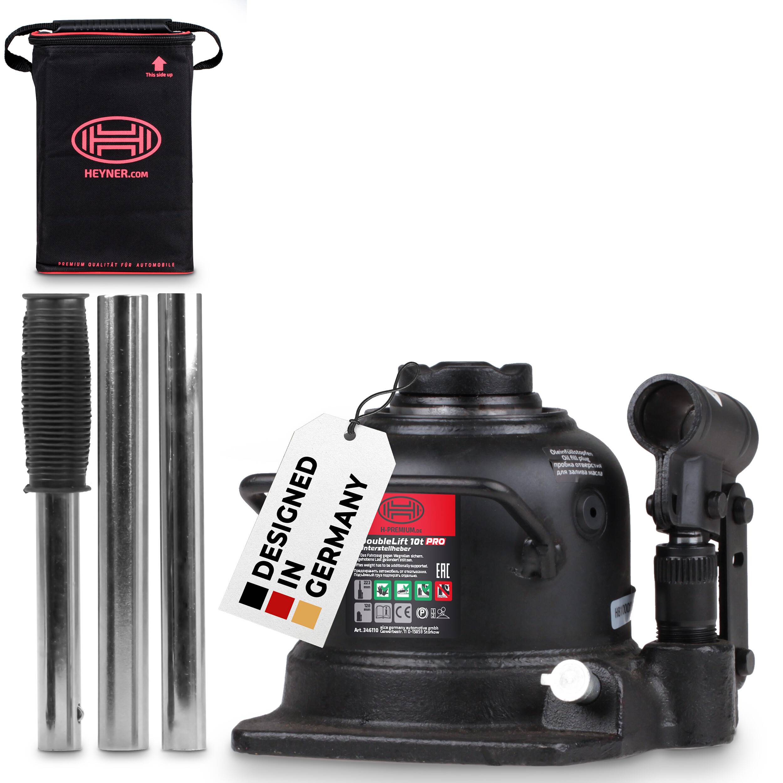 HEYNER® Wagenheber Doppelhub-Unterstellheber Flaschenwagenheber hydraulischer Stempelwagenheber 10t extra flach für