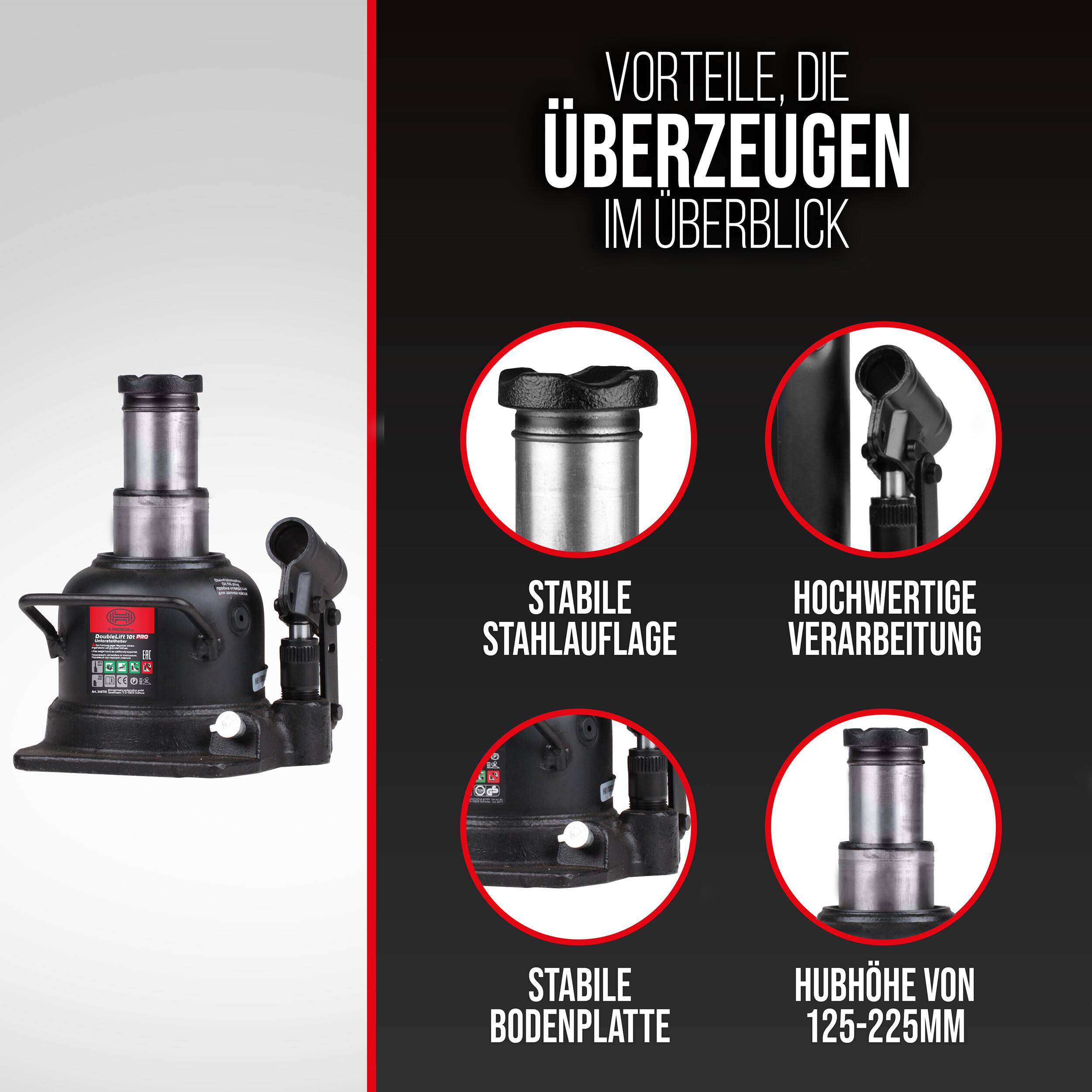 HEYNER® Wagenheber Doppelhub-Unterstellheber Flaschenwagenheber hydraulischer Stempelwagenheber 10t extra flach für