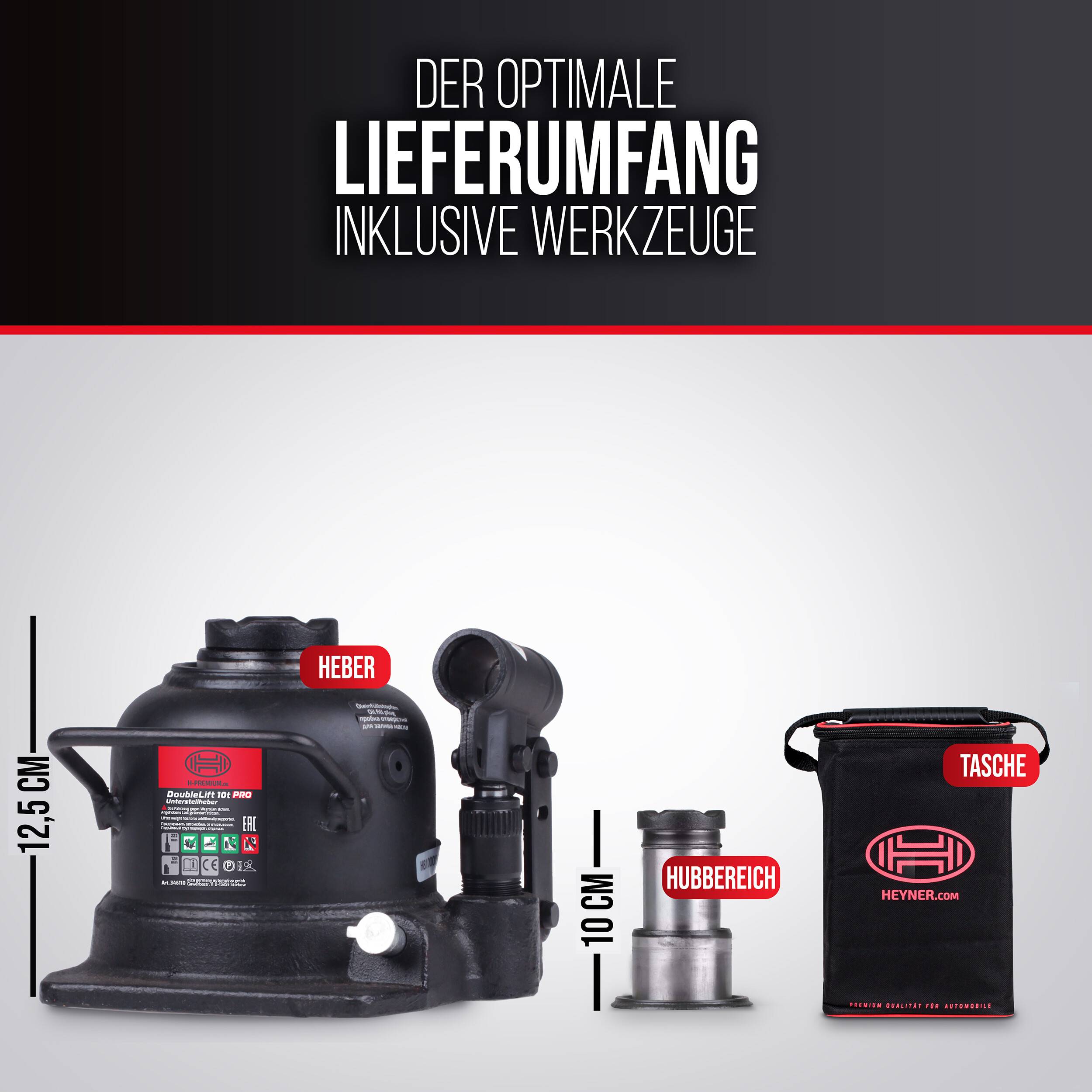 HEYNER® Wagenheber Doppelhub-Unterstellheber Flaschenwagenheber hydraulischer Stempelwagenheber 10t extra flach für