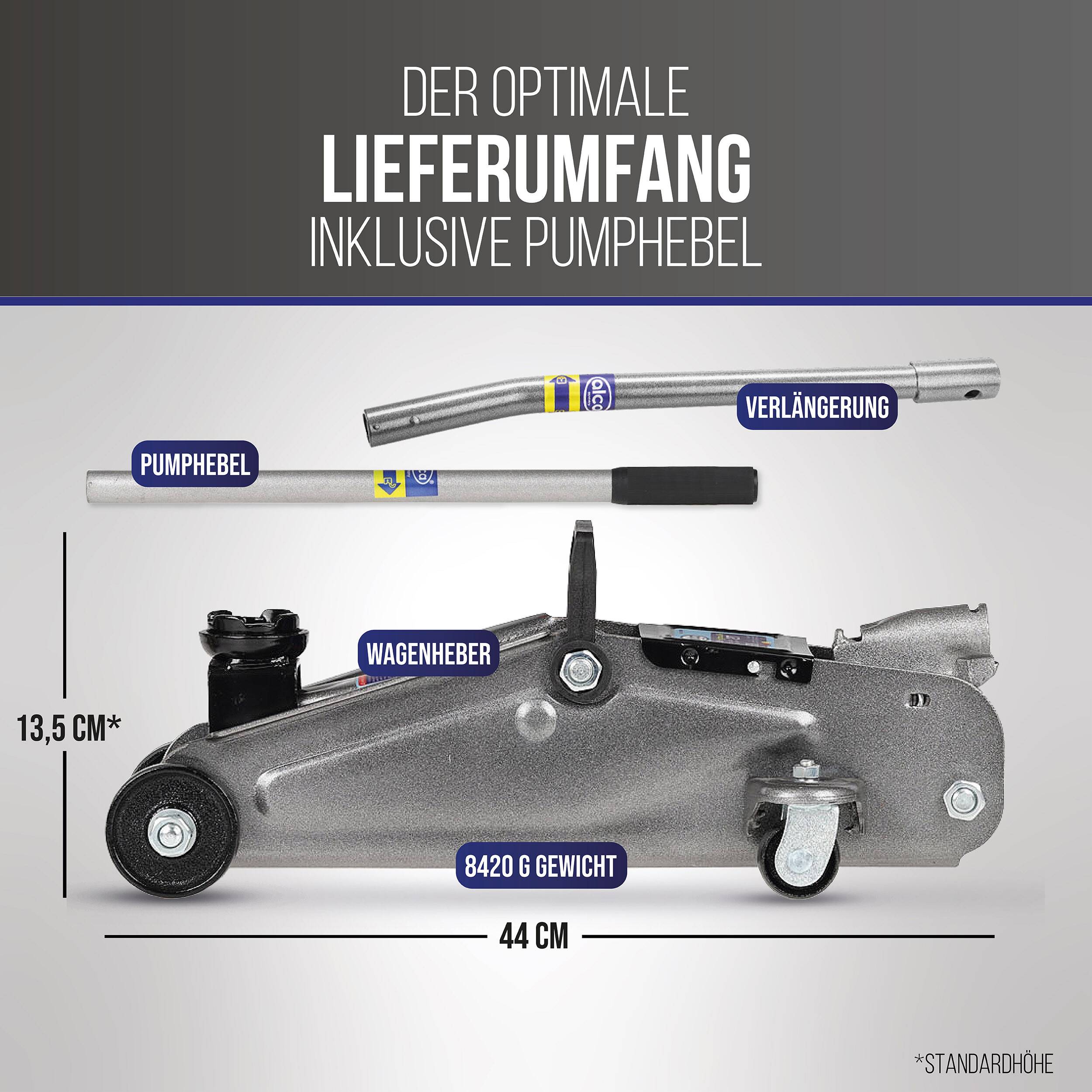 alca® Rangierwagenheber – hydraulisch, 2 Tonnen Traglast, Hubhöhe 135–330 mm, stabile Ausführung, zweiteiliger Griff,
