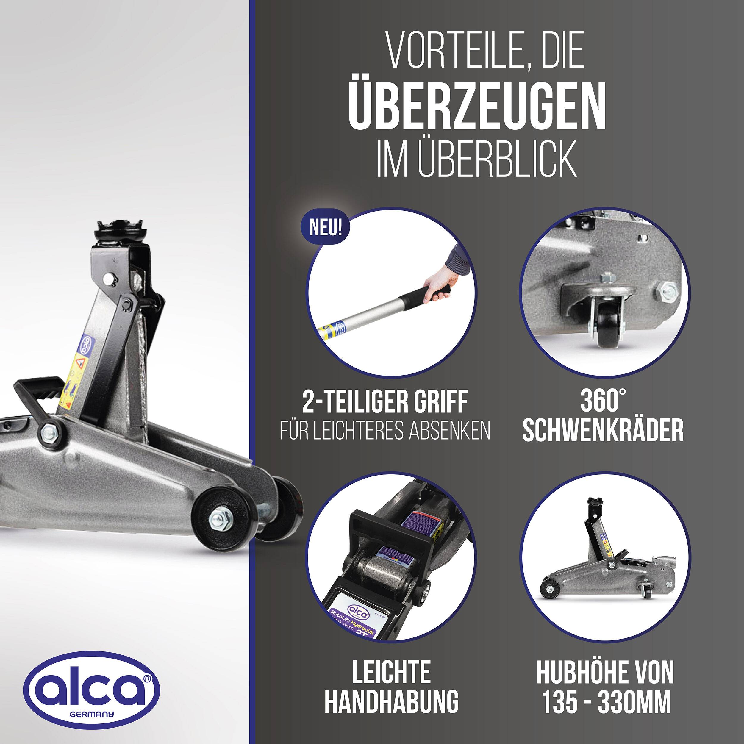 alca® Rangierwagenheber – hydraulisch, 2 Tonnen Traglast, Hubhöhe 135–330 mm, stabile Ausführung, zweiteiliger Griff,
