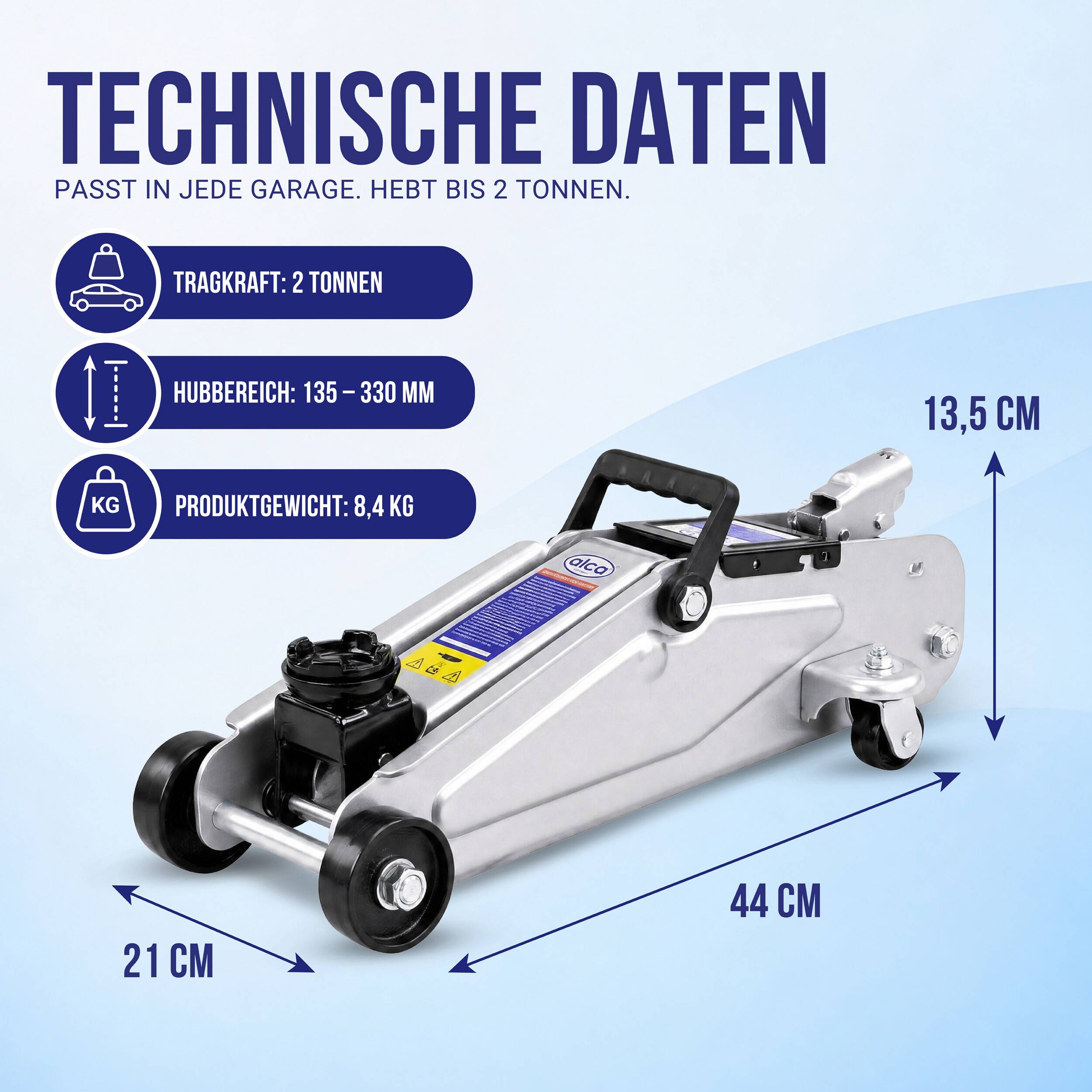Technische Daten Grafik für einen Rangierwagenheber: 2-Tonnen-Tragfähigkeit, 135-330 mm Hubbereich, 8,4 kg Gewicht, 44 cm Länge, 21 cm Breite, 13,5 cm Höhe.