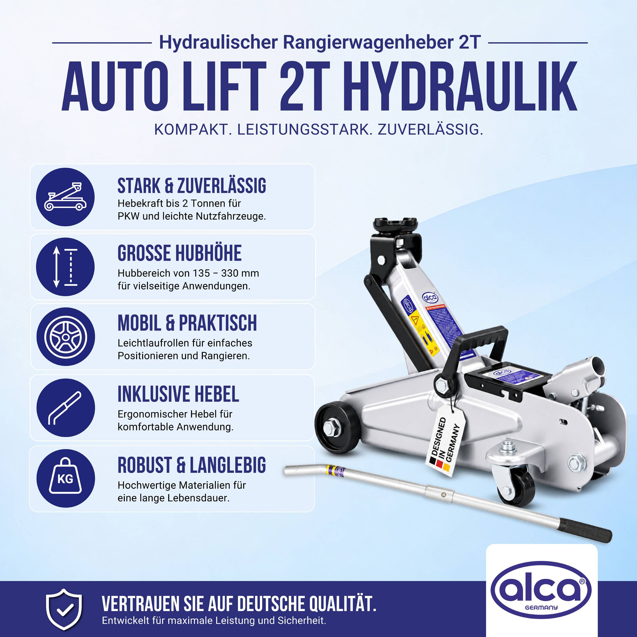 alca® Rangierwagenheber, hydraulisch 2 t Traglast Hubhöhe 135-330 mm stabile Ausführung mit zweigeteiltem Griff,