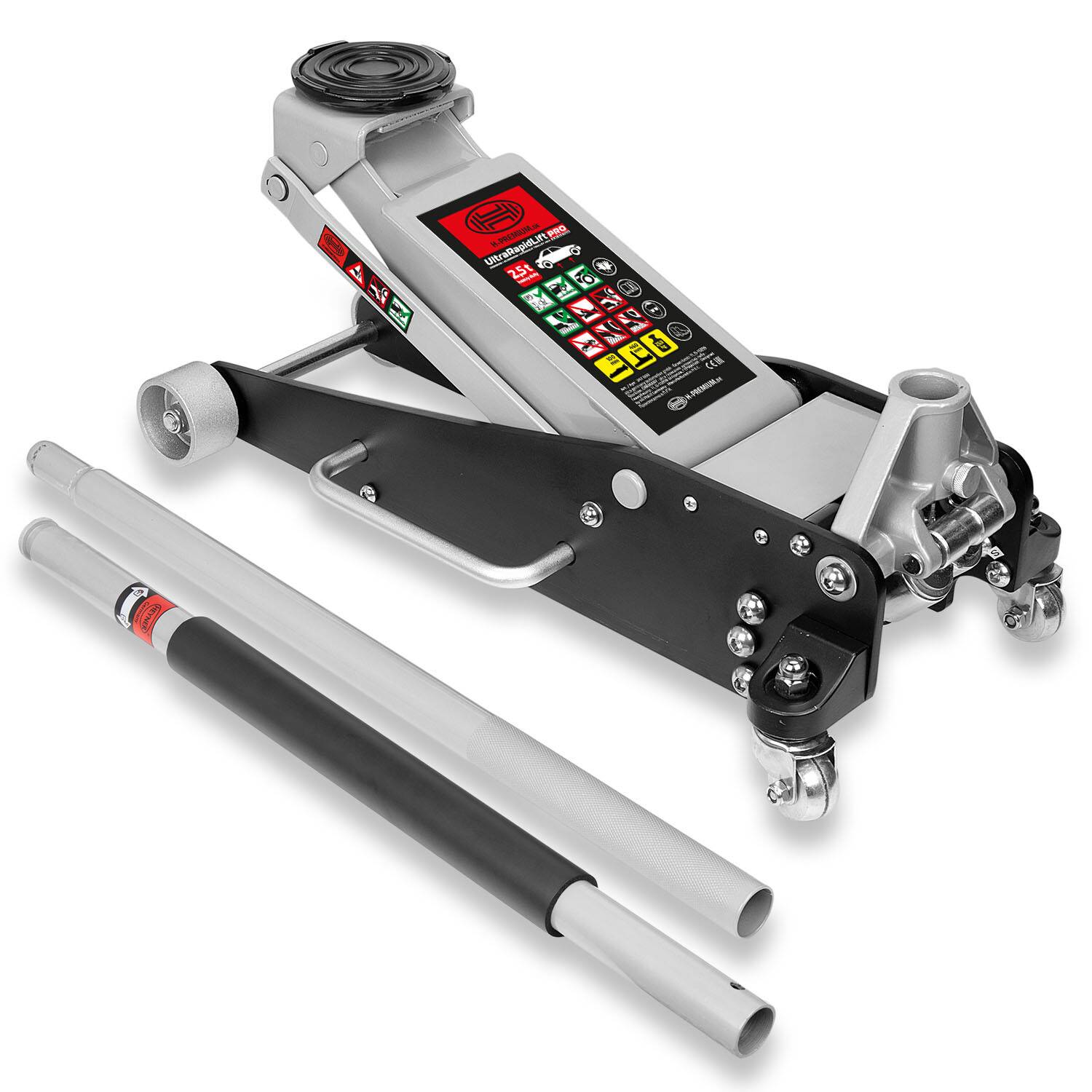Ein hydraulischer Rangierwagenhebedemit zwei abnehmbaren Metallgriffen, entwickelt zum Anheben von Fahrzeugen, mit Etiketten und Sicherheitsanweisungen am Gehäuse.