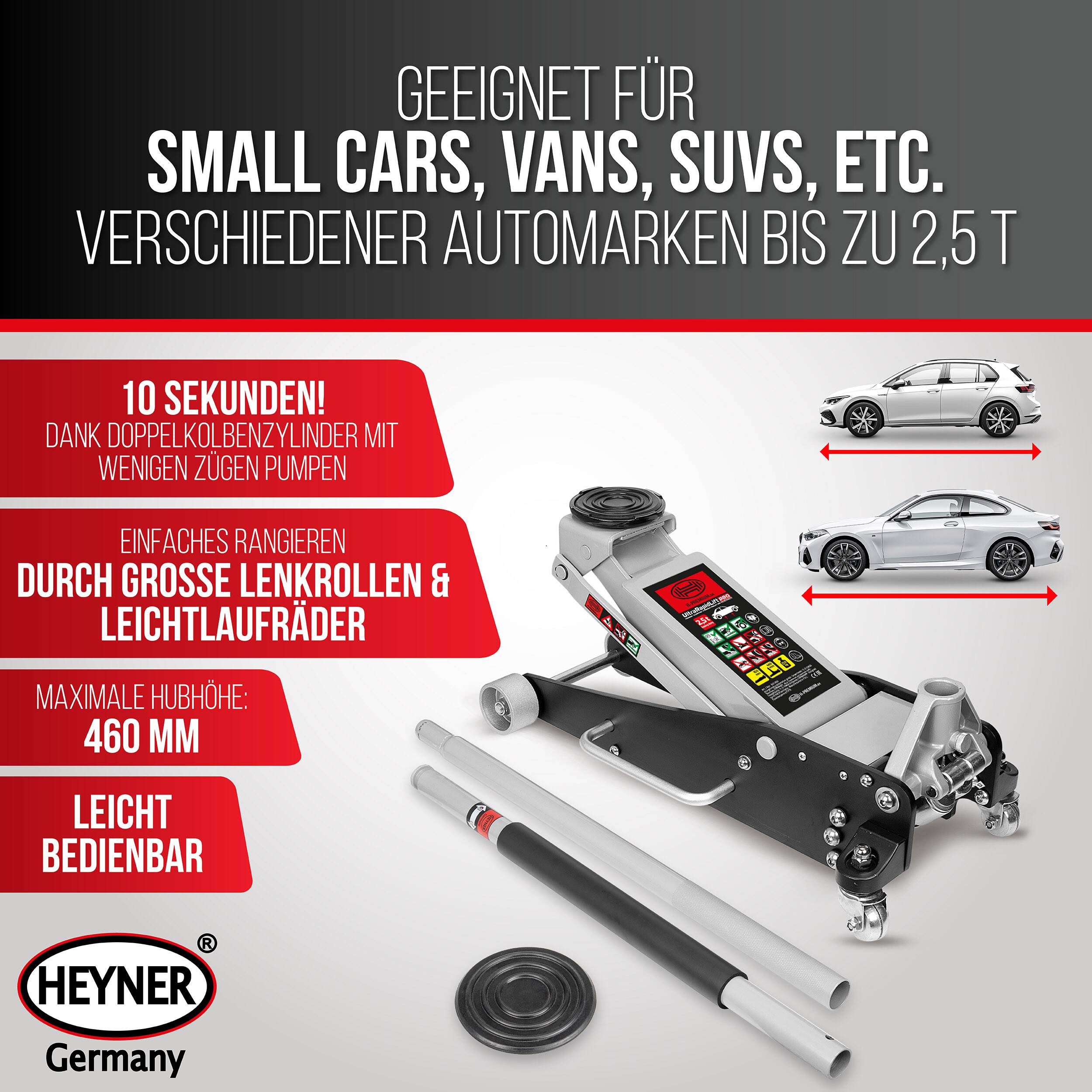 Werbebild eines Heyner-Wagenhebers für Kleinwagen, Transporter und SUVs bis 2,5 Tonnen mit schnellem Heben, einfacher Lenkung und maximaler Höhe von 460 mm.