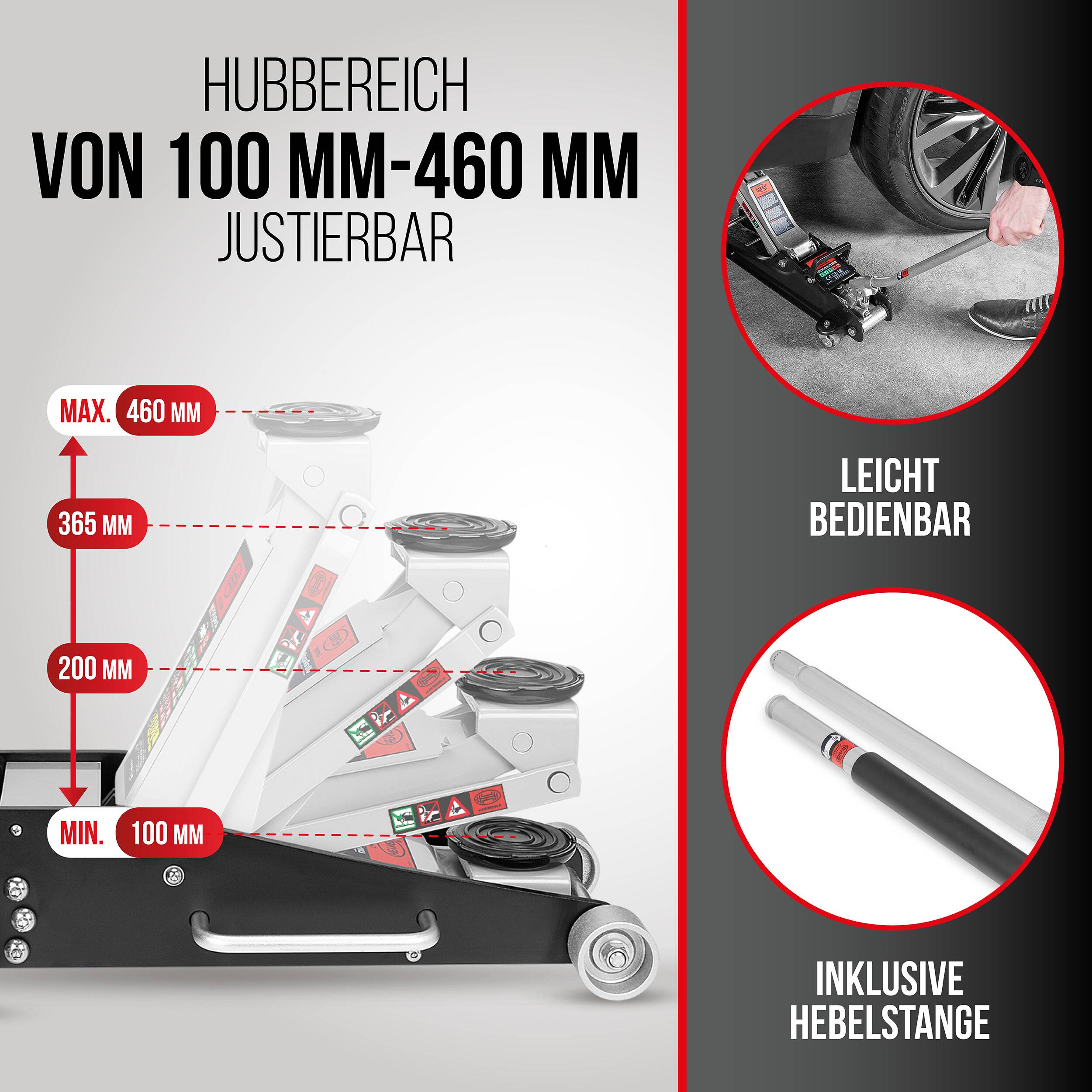 Verstellbarer Rangierwagenheberaber von 100 mm bis 460 mm Hubhöhe; seitliche Beschriftungen zeigen einfache Bedienung und integrierten Hubgriff.