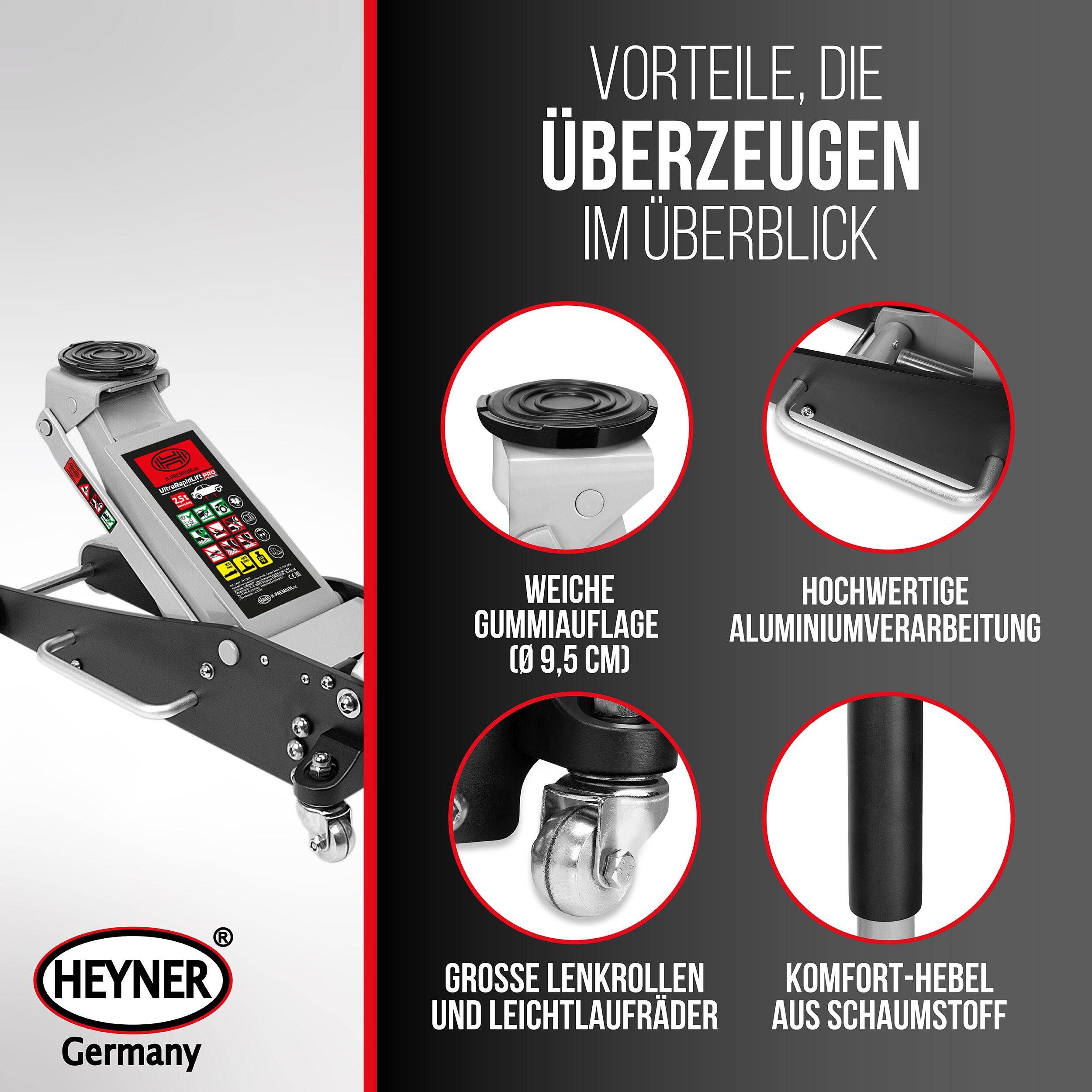 Produktpromo für einen Heyner Germany Rangierwagenheber mit Abbildung des Hebers und vier Funktions-Highlights: weiches Gummipad, Aluminium-Konstruktion, große Lenk- und Lenkrollen und ergonomischer Schaumstoff-Griff.