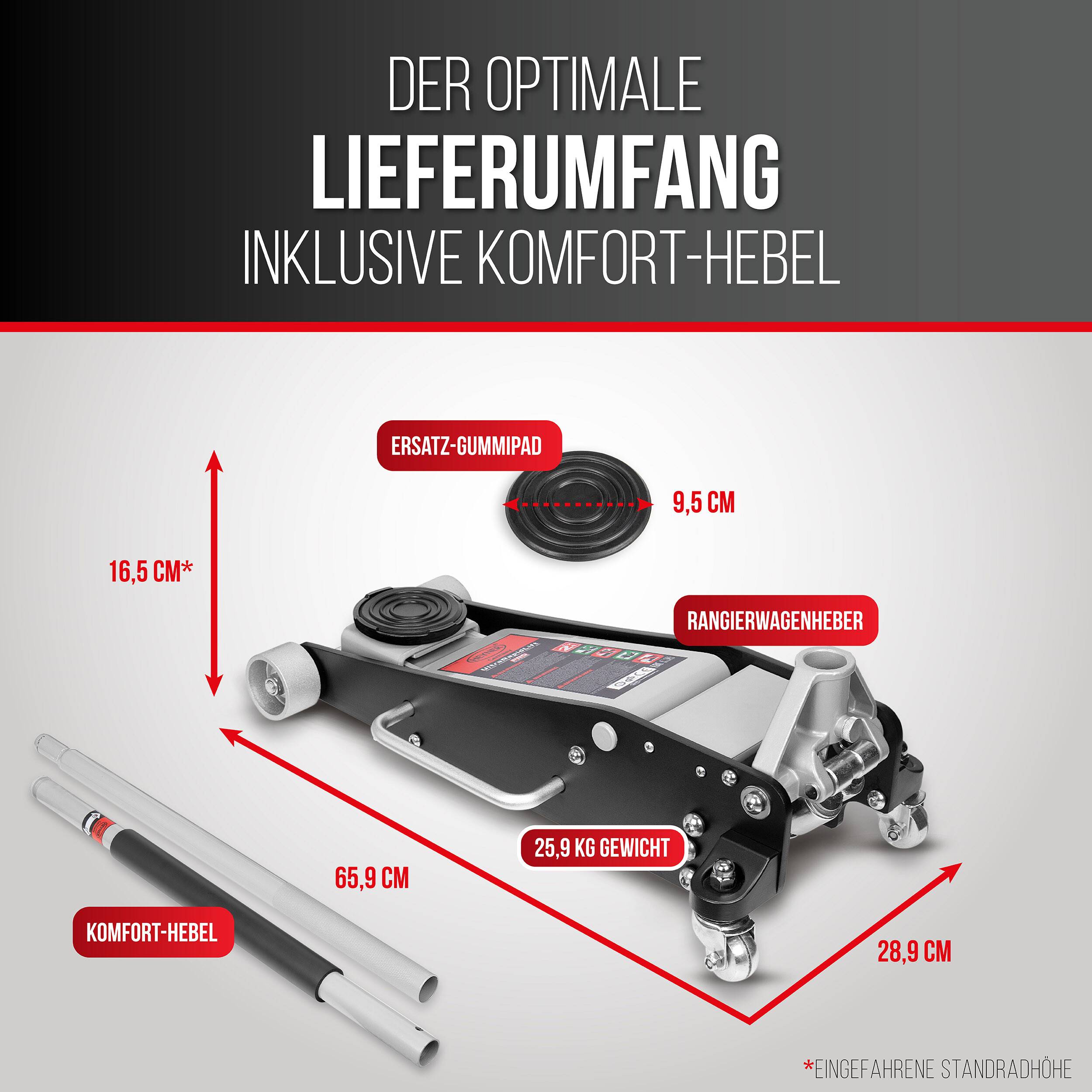 Diagramm, das das Zubehör und die Abmessungen eines Wagenhebers zeigt: „DER OPTIMALE LIEFERUMFANG INKLUSIVE KOMFORT-HEBEL