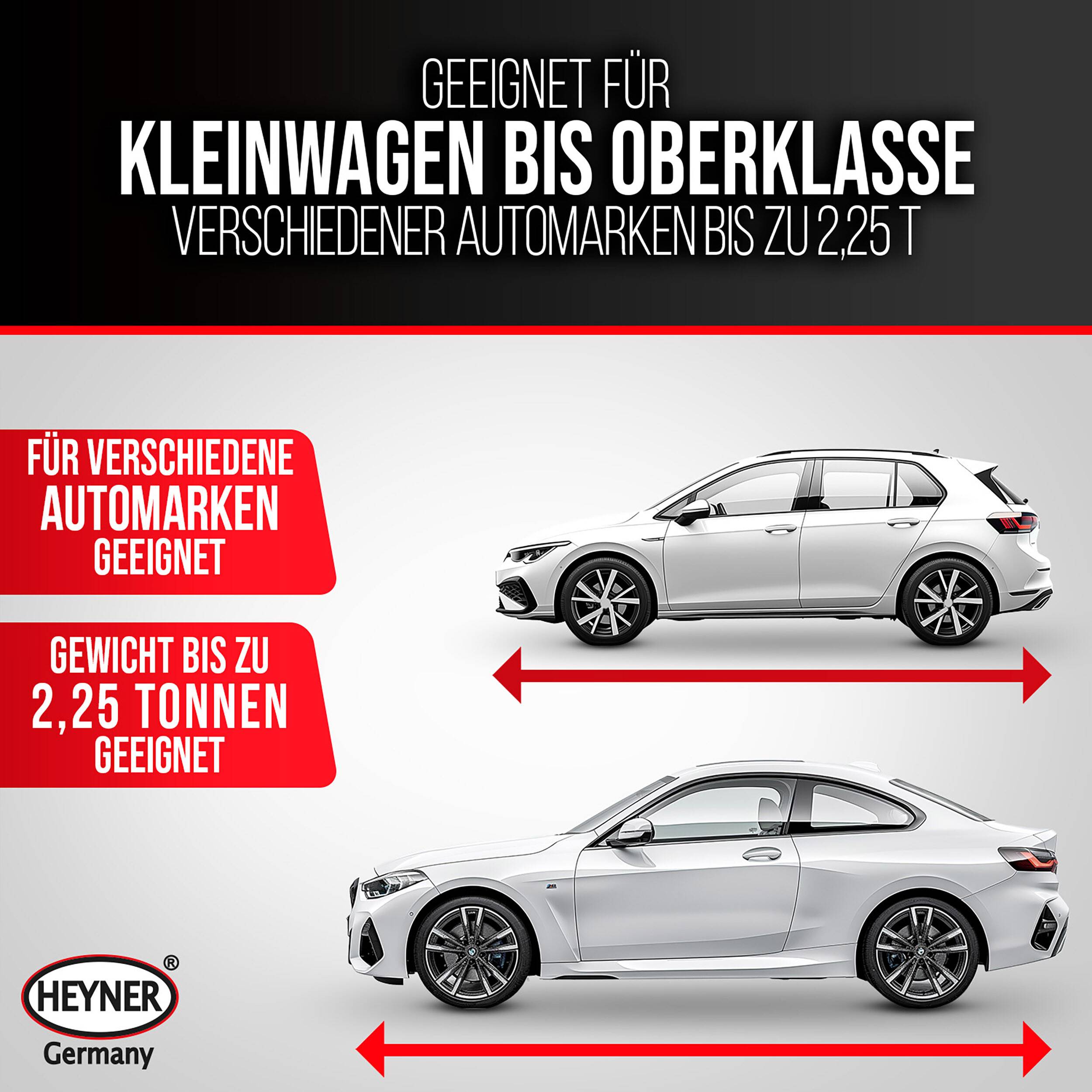 # Deutschische Werbegrafik für eine Autohebebühne, geeignet für verschiedene Automarken, von Kompaktwagen bis zu Oberklasse-Fahrzeugen, bis zu 2,25 Tonnen.