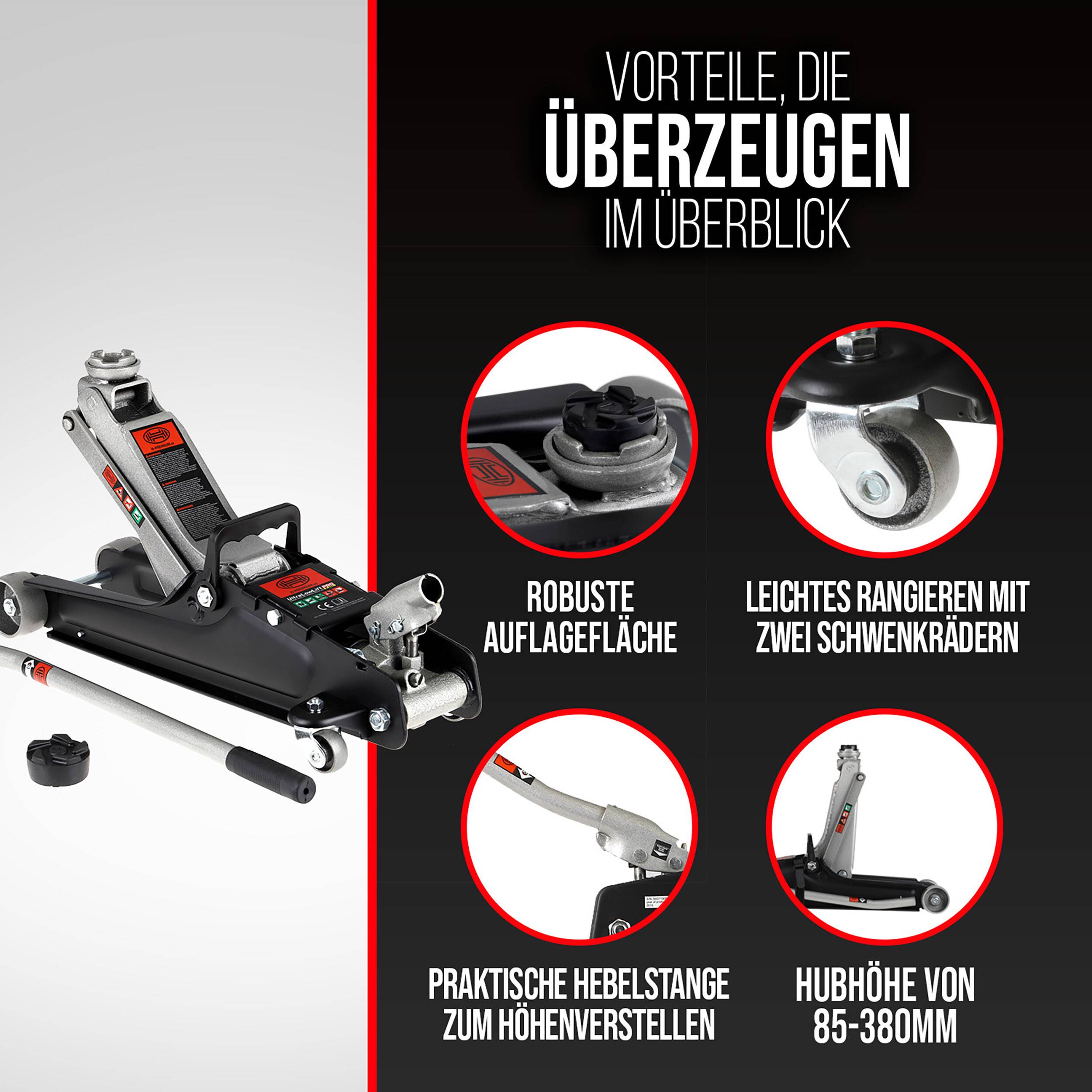Deutsches Produktinfografik, das einen hydraulischen Wagenheber und vier Funktionsaufrufe zeigt: robuste Kontaktfläche, zwei Schwenkrollen, verstellbarer Griff und Hubhöhe 85–380 mm.