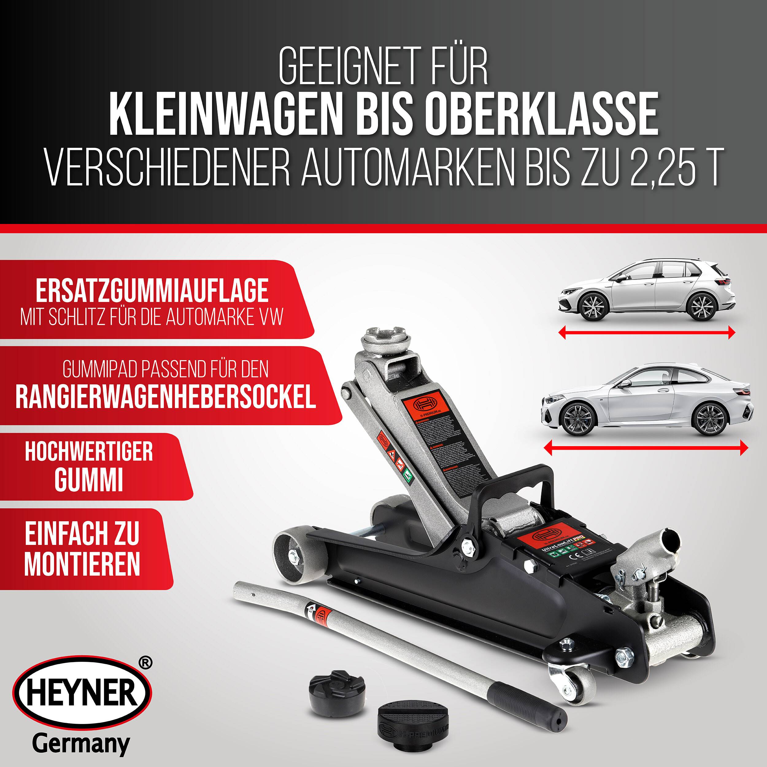 HEYNER® Hydraulischer Wagenheber 2,25t mit Gummiauflage & Tasche, Hubhöhe