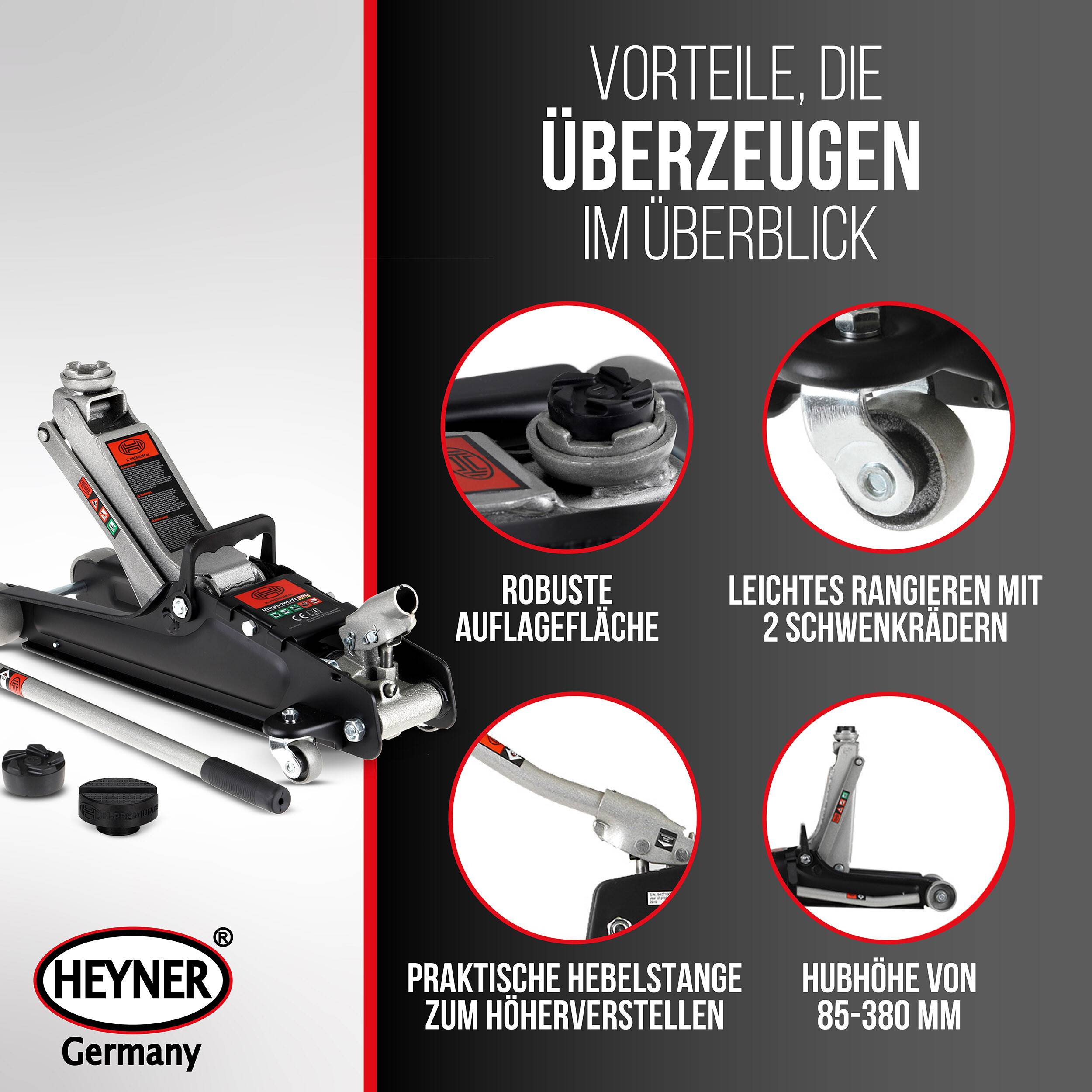 HEYNER® Hydraulischer Wagenheber 2,25t mit Gummiauflage & Tasche, Hubhöhe 85–380 mm, Chrom-Vanadium, extra flach,