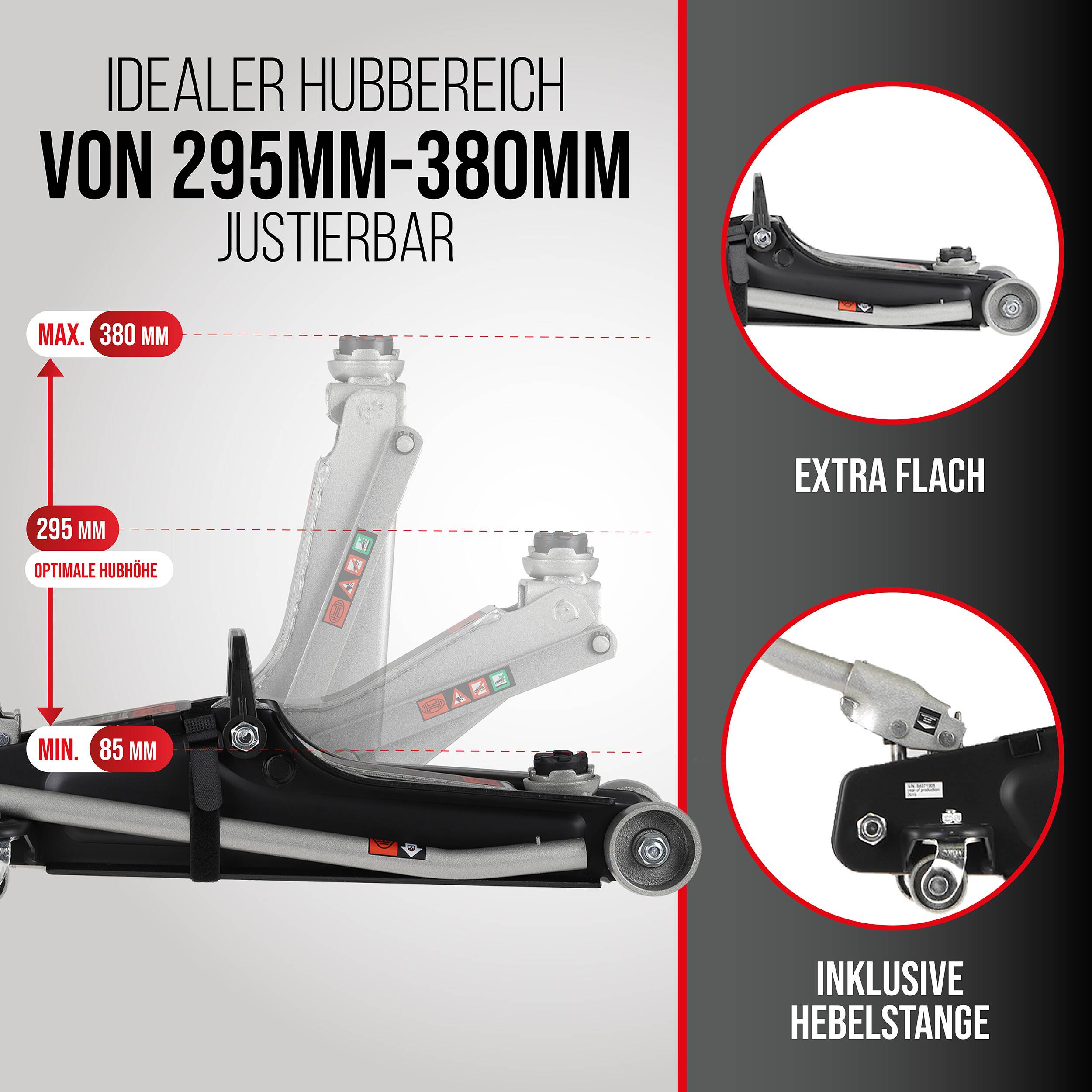 HEYNER® Hydraulischer Wagenheber 2,25t mit Gummiauflage & Tasche, Hubhöhe 85–380 mm, Chrom-Vanadium, extra flach,