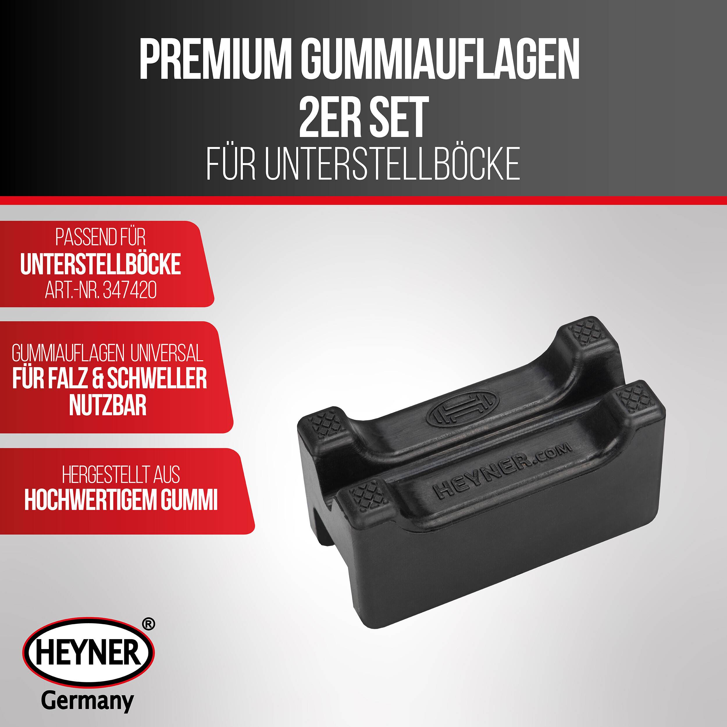 Produktbild eines schwarzen Gummiauflagen-Sets zum Abheben von Hubpunkten, gekennzeichnet mit „Premium Gummiauflagen 2er Set für Unterstellböcke