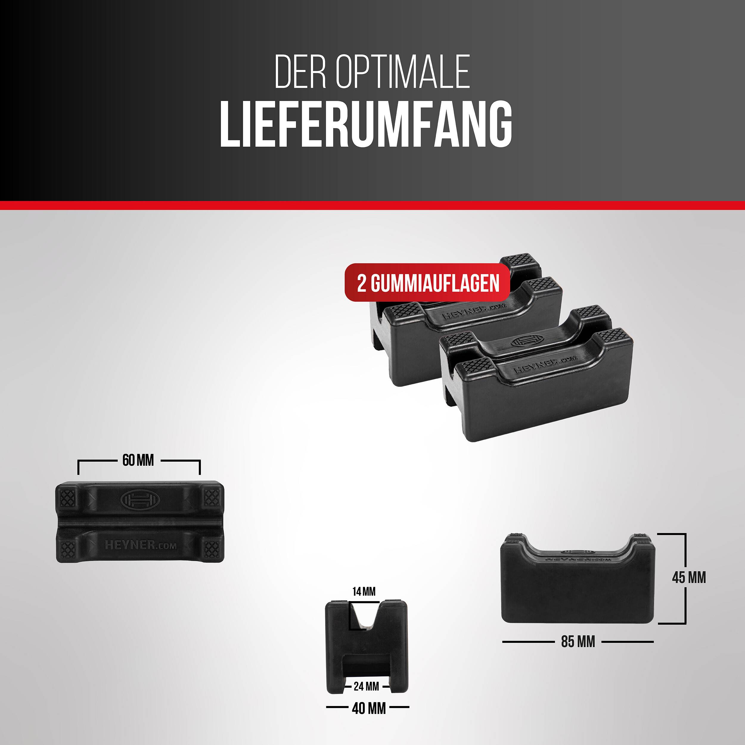 Infografik zeigt die optimale Größe der Gürtelklammer mit einer 2-Gummipolster-Option und gekennzeichneten Abmessungen von 60 mm, 85 mm, 45 mm, 40 mm, 24 mm und 14 mm.