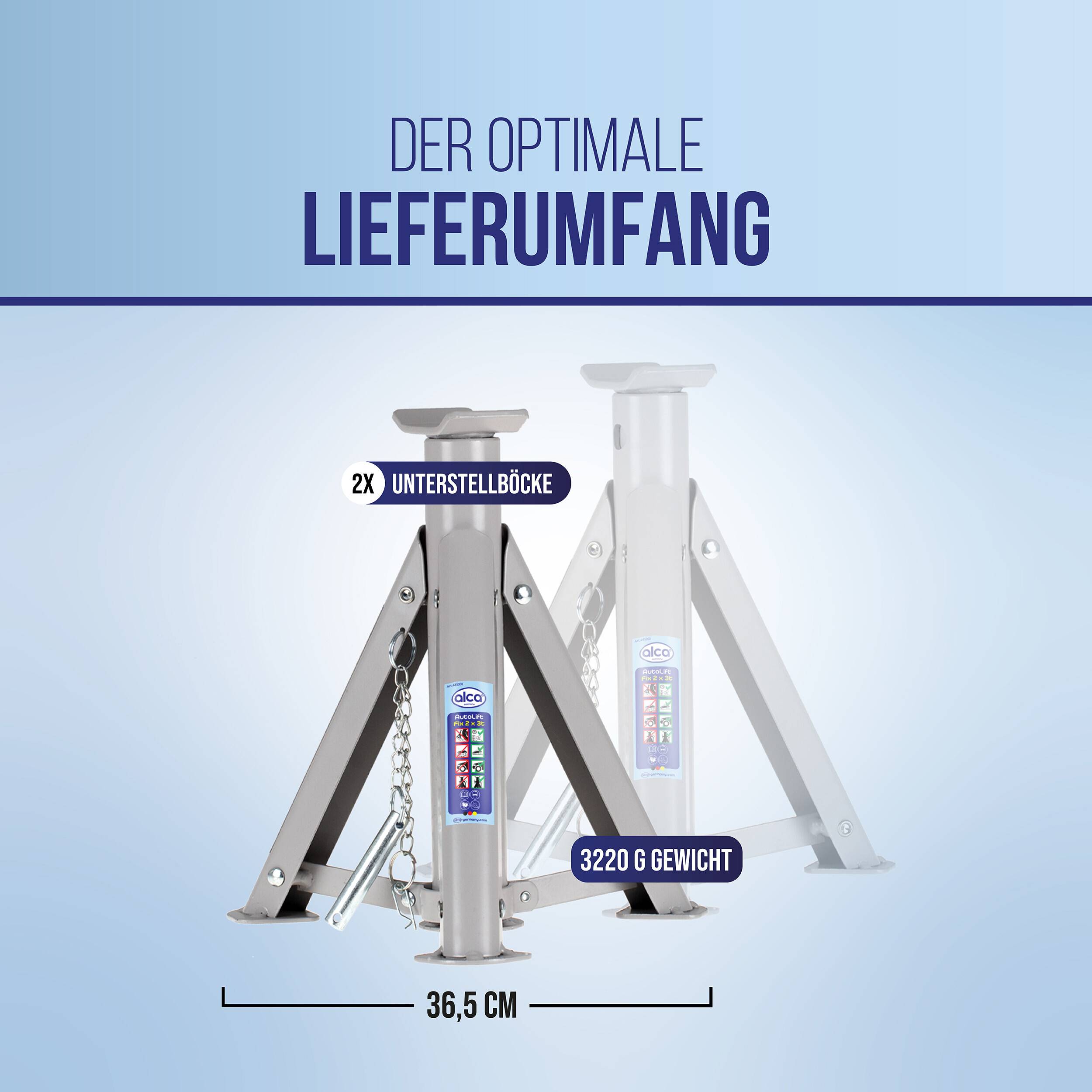 alca® Unterstellbock 3t klappbar I Auto Stützbock Set (2 Stück), faltbar, 3-fach höhenverstellbar mit Sicherheitsstift,