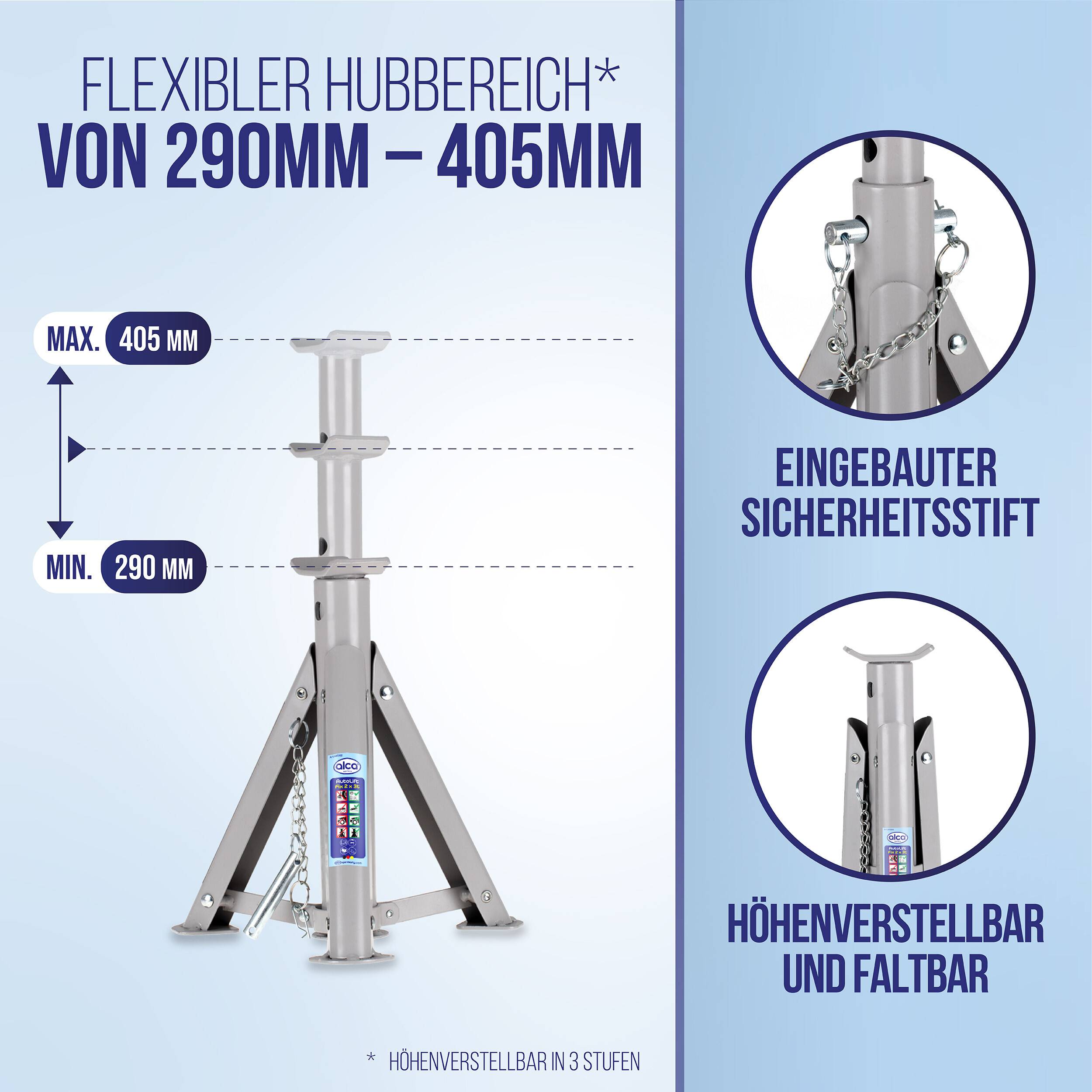 Verstellbarer Stützständer, flexibel von 290 mm bis 405 mm; mit Stiftsicherung und höhenverstellbar sowie zusammenklappbar.