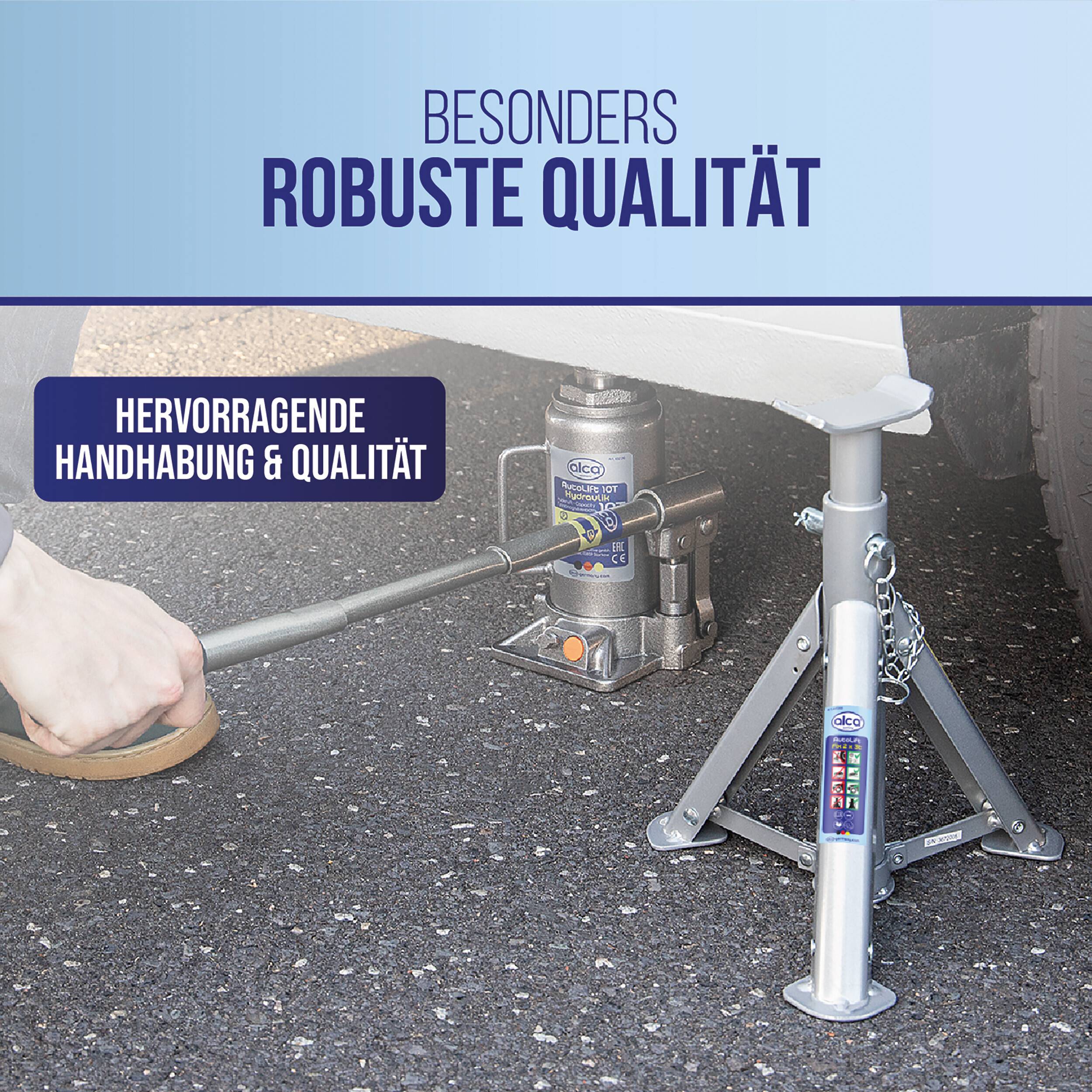 Wagen-Wagenheber, der ein Fahrzeug hebt, mit deutschem Text: 'Besonders robuste Qualität' und 'Ausgezeichnete Handhabung und Qualität'.