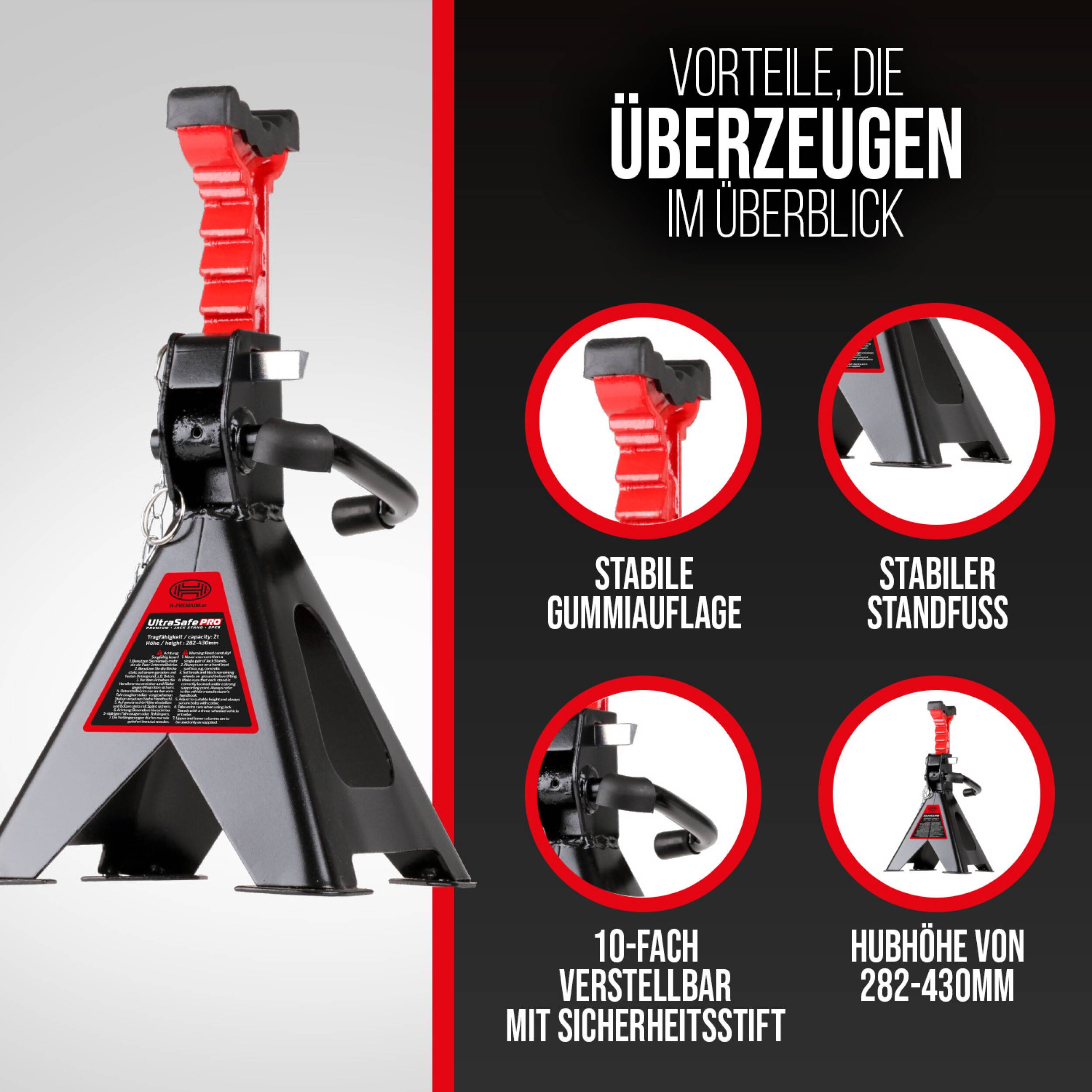 HEYNER® Unterstellbock TÜV/GS, Stützbock, Stützfuß, höhenverstellbar, Stahl 2000kg Traglast, 2er Set