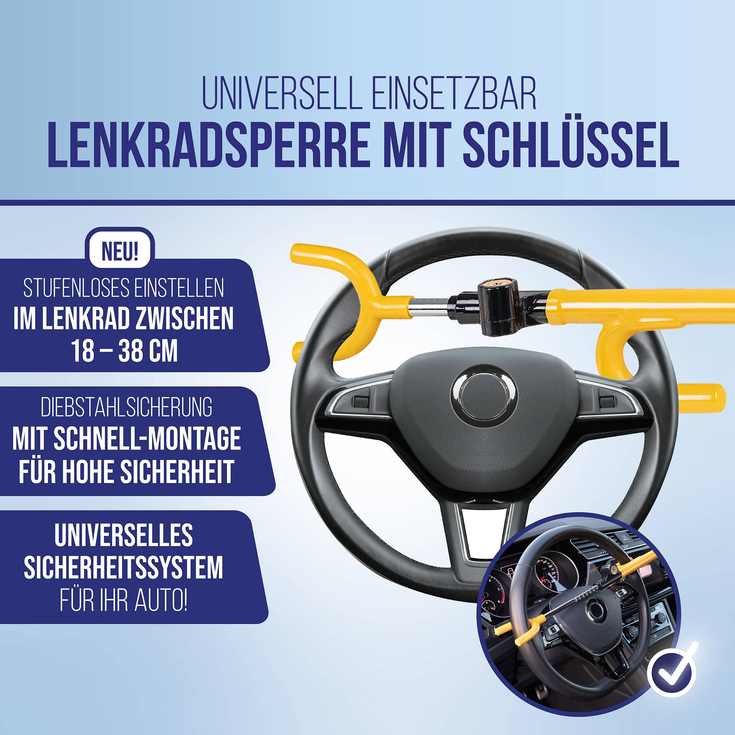 Universelle Lenkradsperre mit Schlüssel; verstellbar 18–38 cm, Diebstahlschutz-Schnellmontiersystem für Autos.