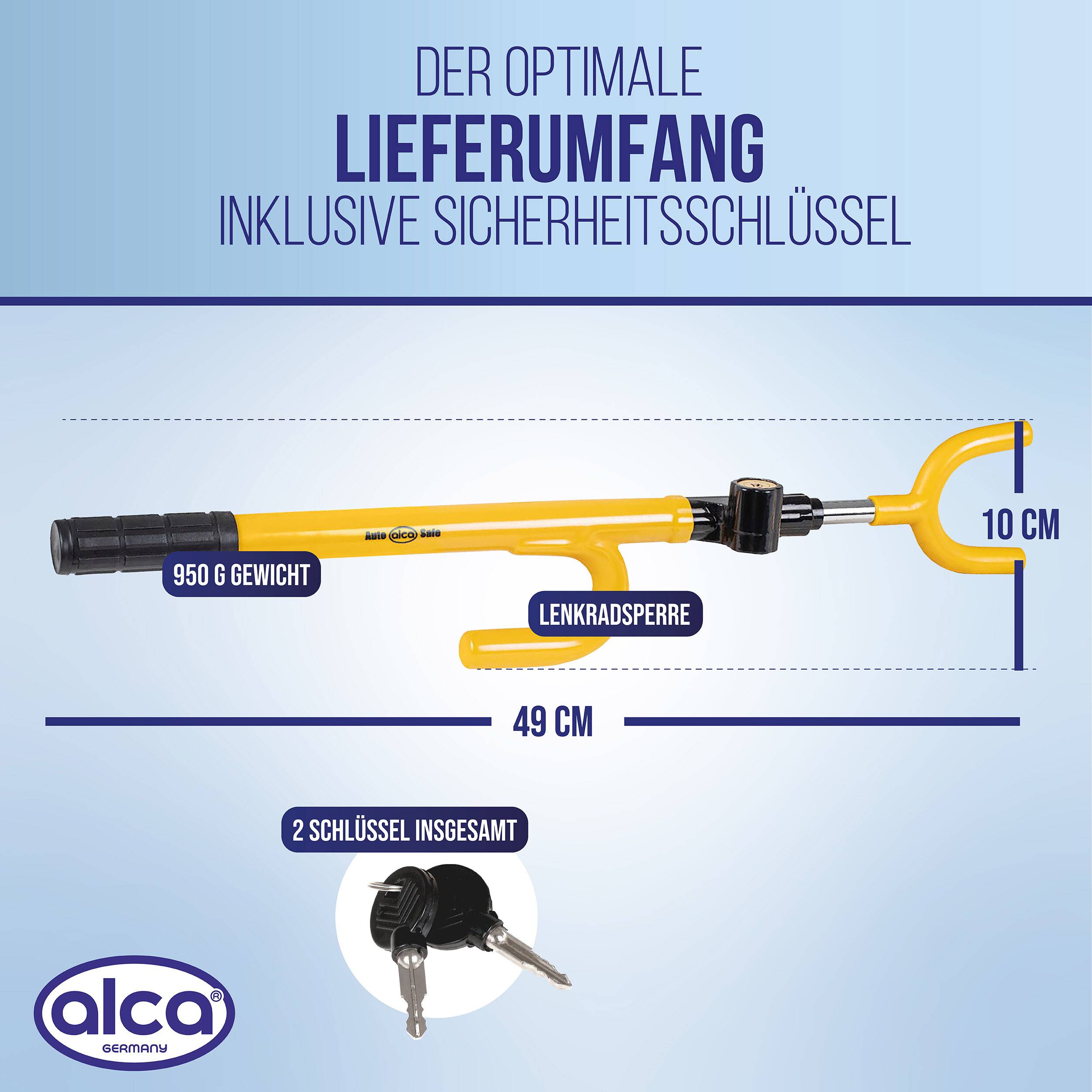 Infografik eines gelben Lenkradschlosses mit zugehörigen Sicherheitsschlüsseln, die eine Länge von 49 cm, eine Breite von 10 cm, ein Gewicht von 950 g und eine 