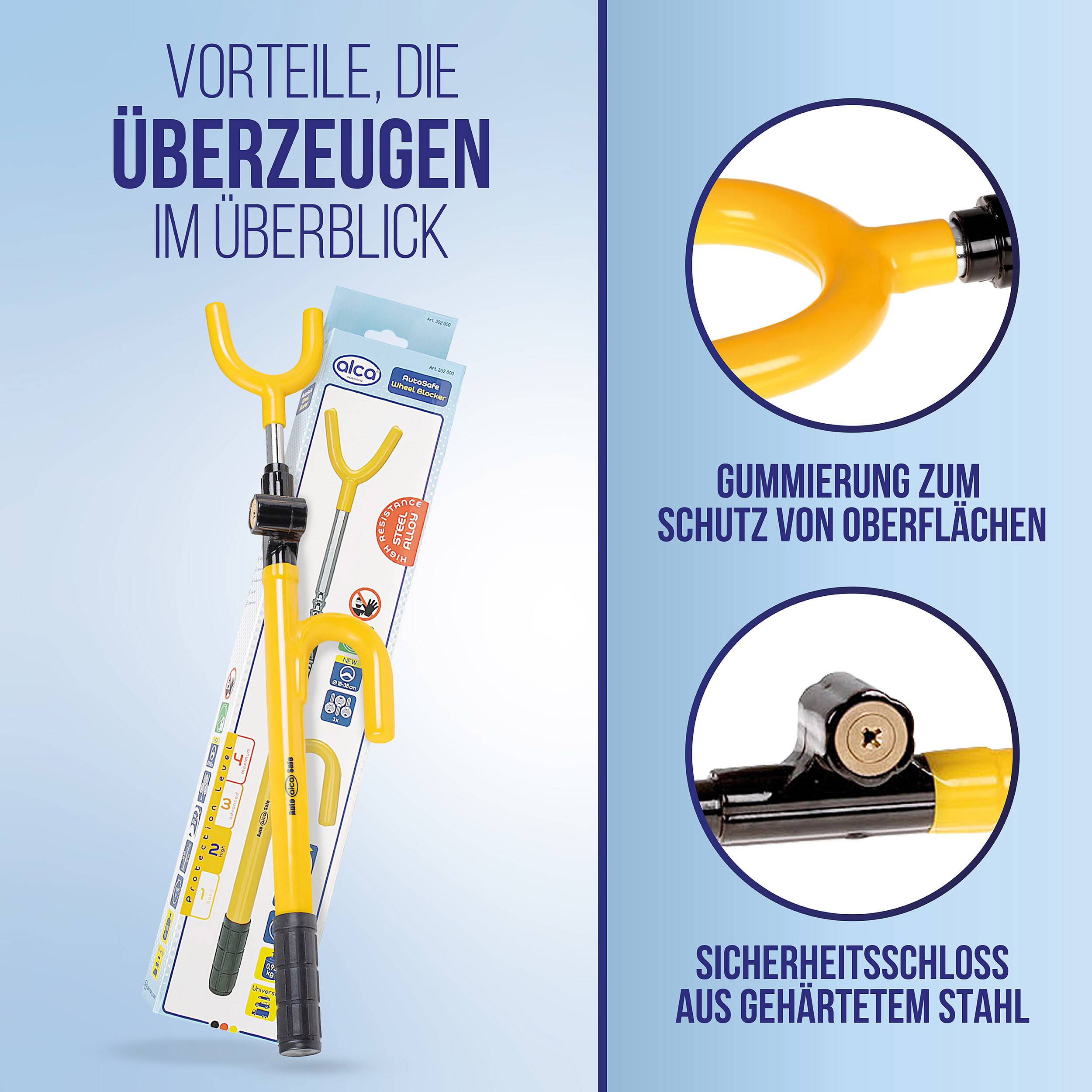 alca® Lenkradschloss für Lenkrad, 13-38 cm verstellbar, 3 Schlüssel Lenkradsperre als Diebstahlschutz,