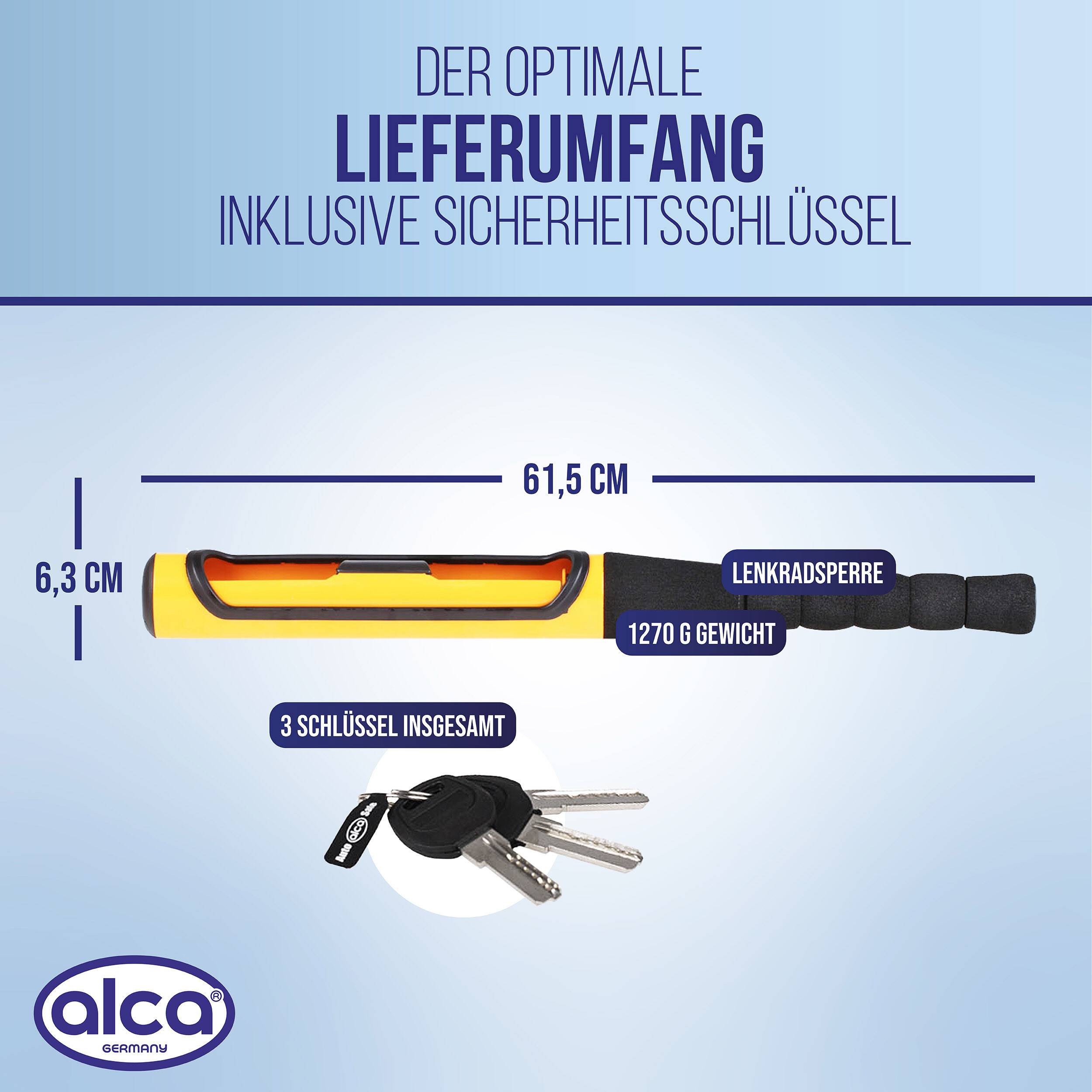 alca® Lenkradsperre Lenkradschloss Wegfahrsperre Lenkradkralle Diebstahlsicherung Lenkradschloss 3 Schlüssel für alle
