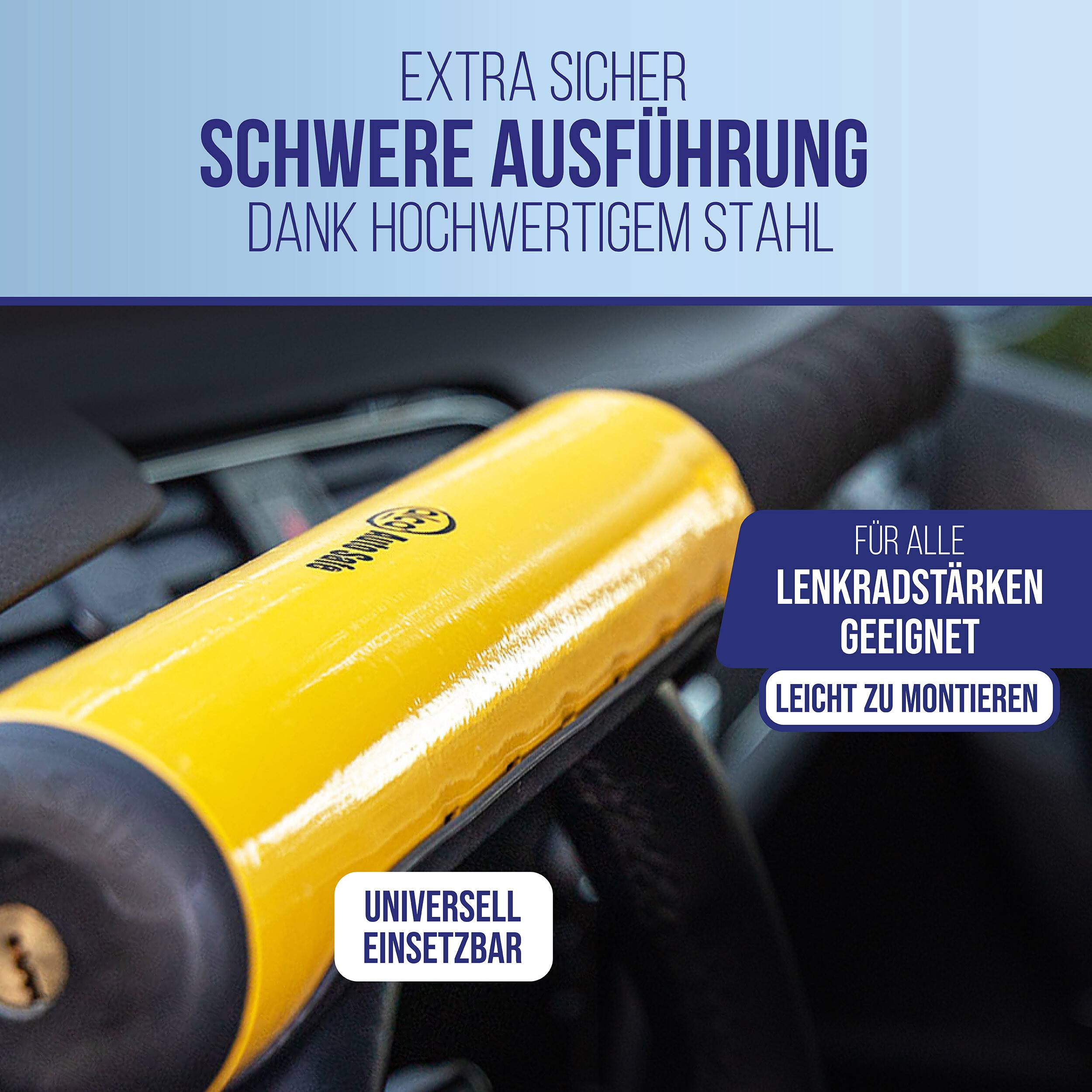 Gelbes robustes Lenkradschloss mit deutschem Text, das zusätzliche Sicherheit, hochwertige Stahlkonstruktion, universelle Verwendbarkeit und einfache Installation für alle Lenkräder bewirbt.