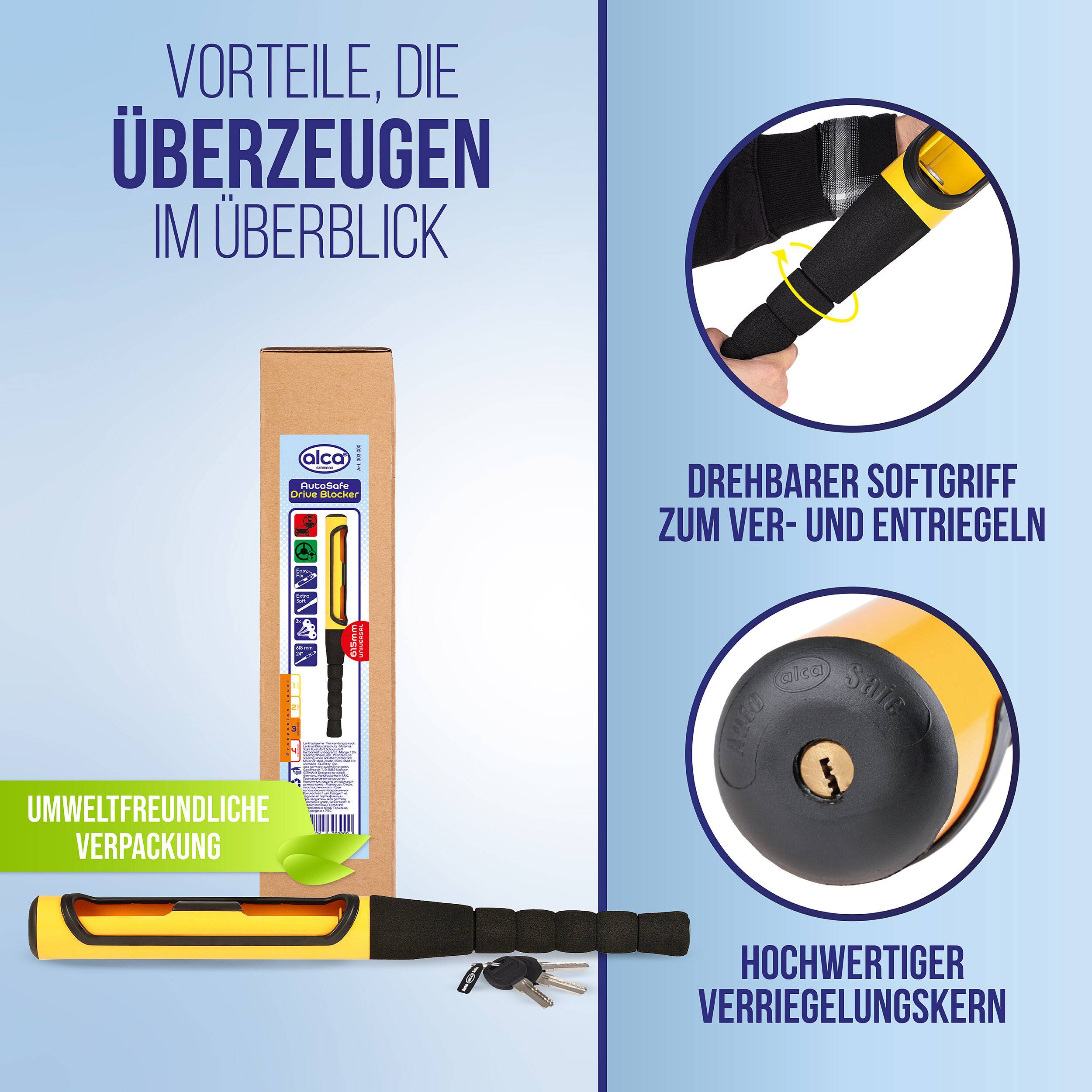 Produktinfografik für ein ALCO-Türschloss: umweltfreundliche Verpackung, drehbarer Soft-Grip zum Verriegeln und Entriegeln, und ein hochwertiger Schließkern.