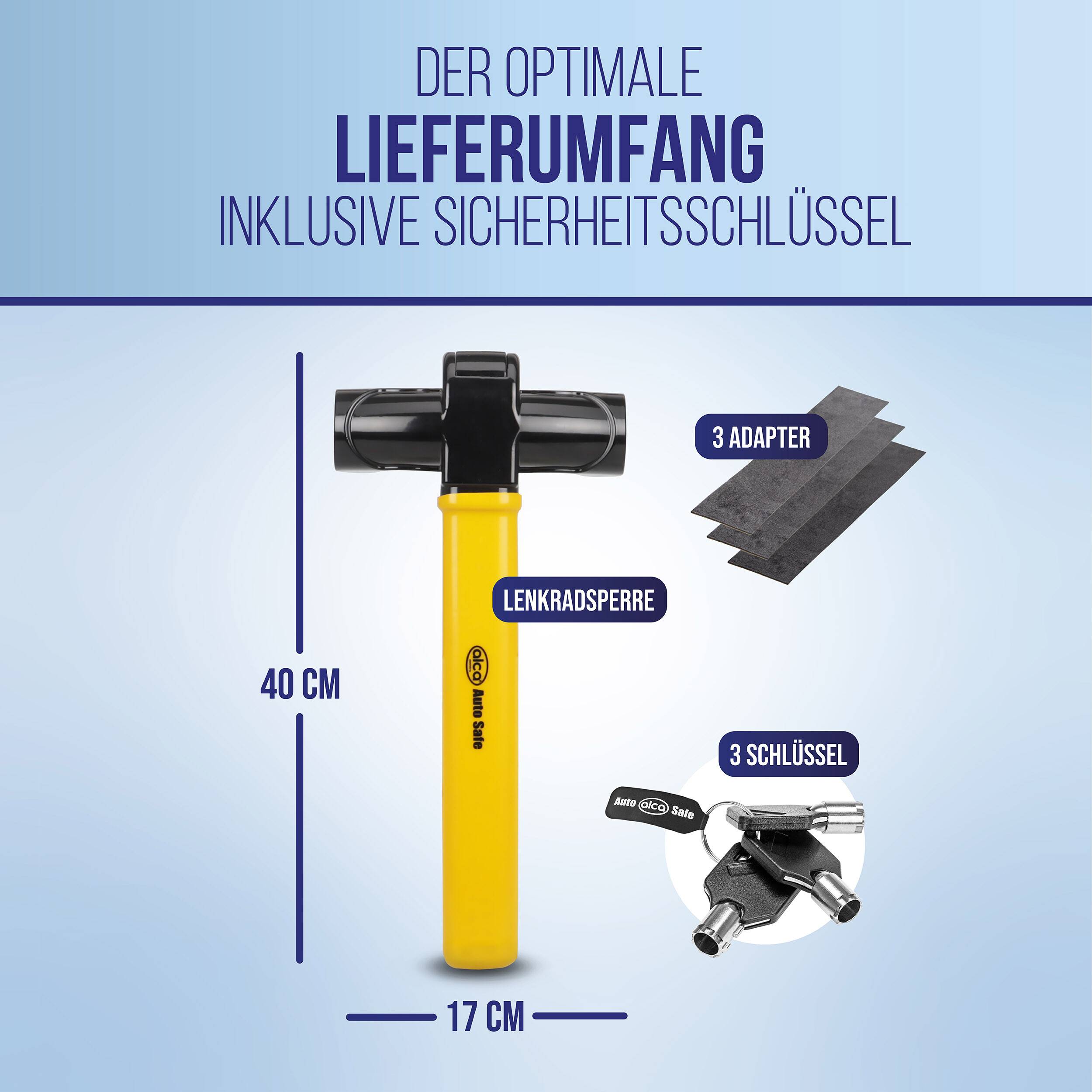 Abbildung eines Autolenkradschlosses: gelbes Schloss, 40 cm lang und 17 cm breit, mit 3 Adaptern und 3 Schlüsseln; deutscher Text besagt 