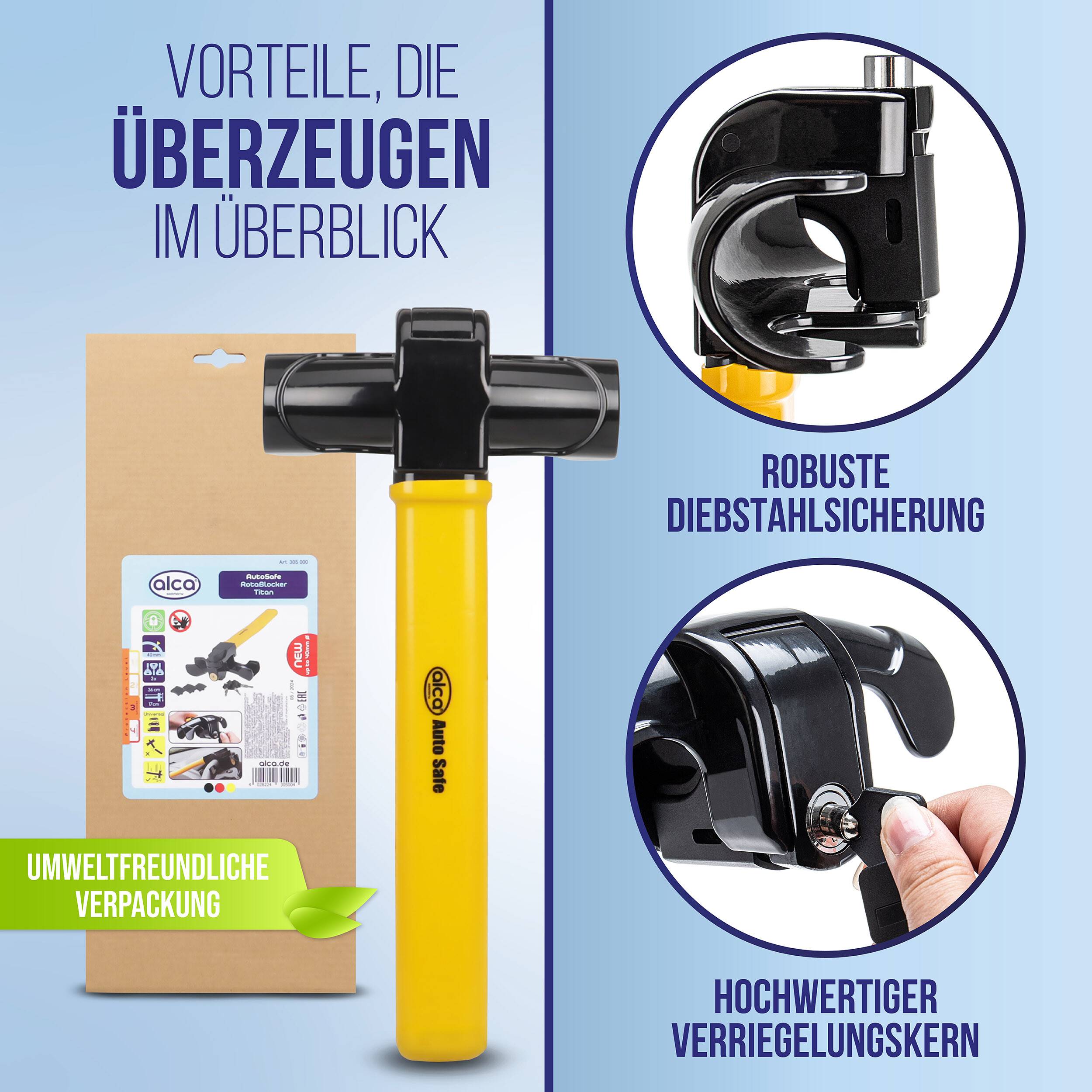 Infografik eines gelb-schwarzen Fahrradschlosses mit Verpackung, die umweltfreundliche Verpackung, robustem Diebstahlschutz und hochwertigem Schlosskern hervorhebt.