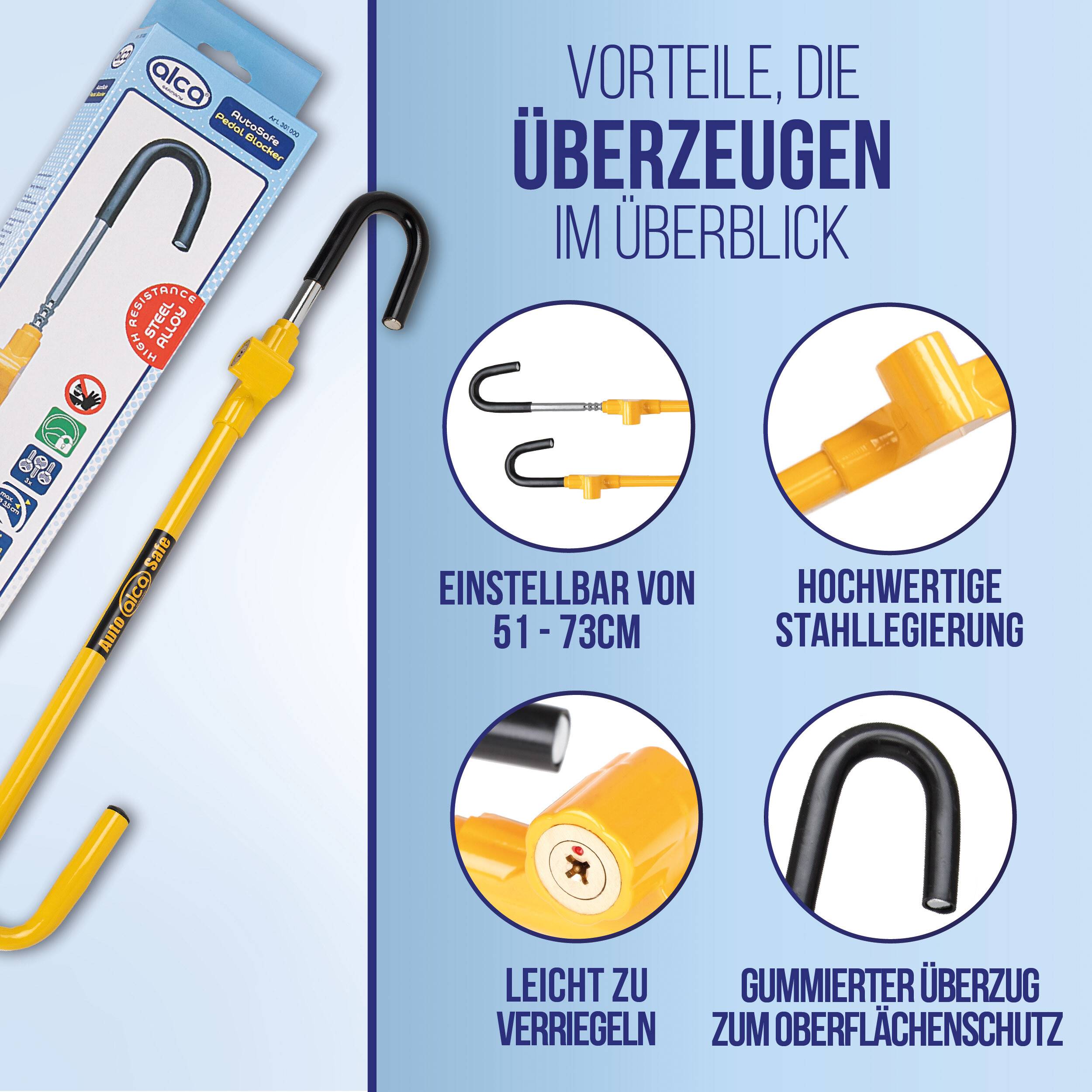 alca® Lenkradschloss Kupplungsschloss + Tasche + 3 Sicherheitsschlüssel I
