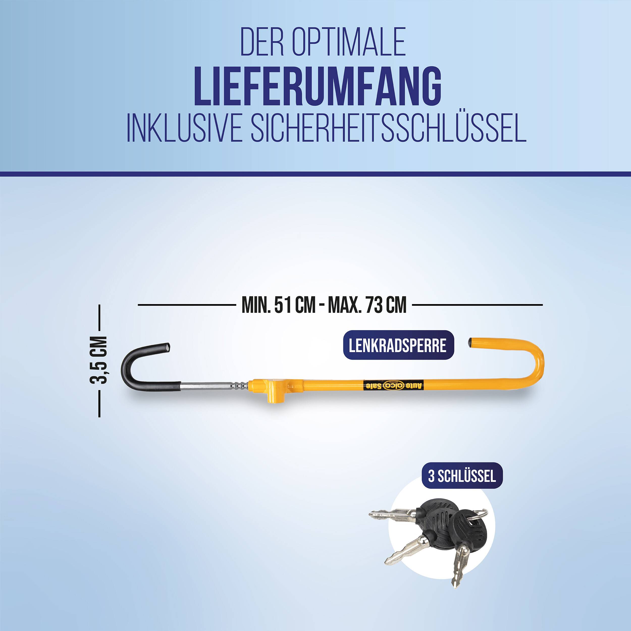 alca® Lenkradschloss Kupplungsschloss + Tasche + 3 Sicherheitsschlüssel I verstellbar von 51 - 73 cm Abstand I