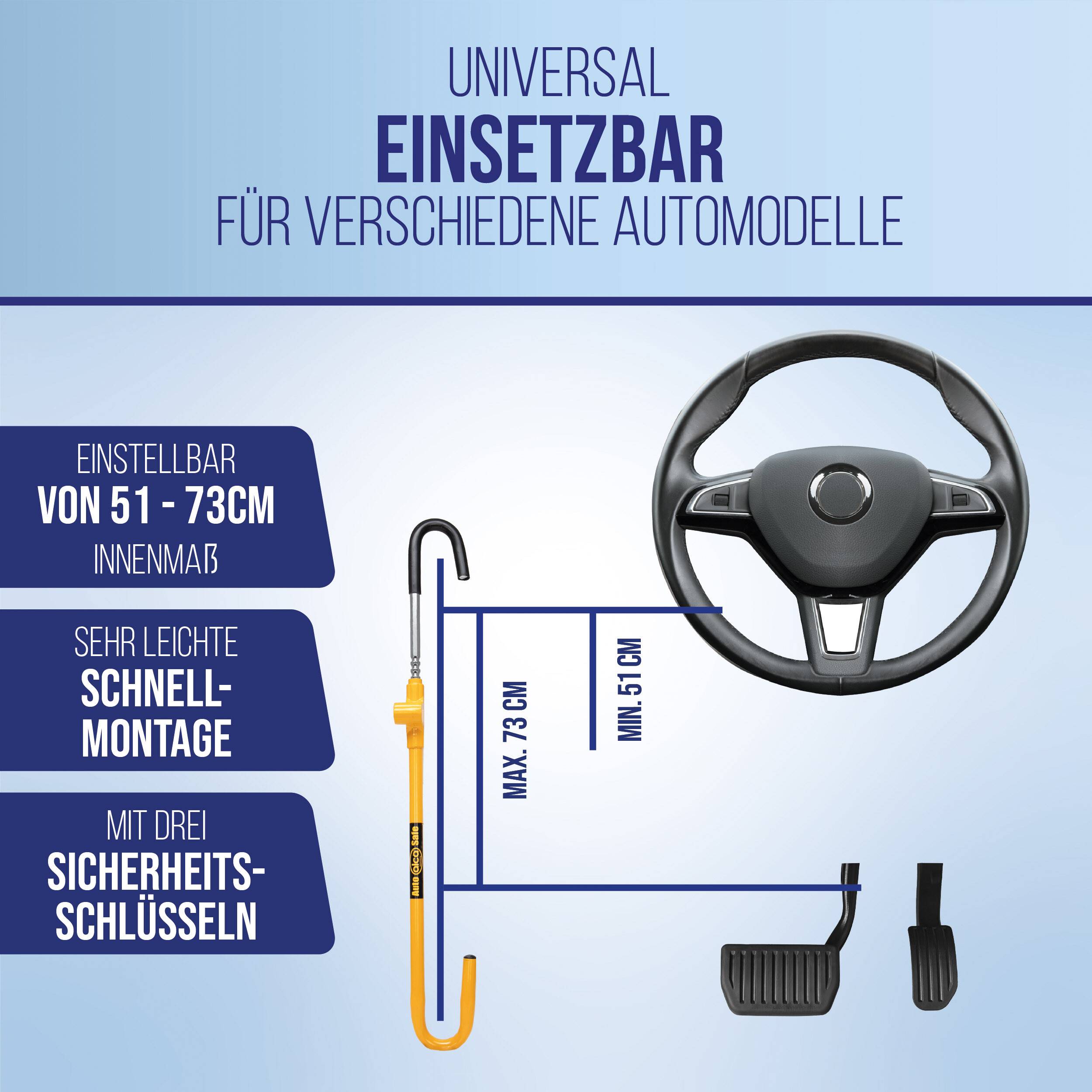 alca® Lenkradschloss Kupplungsschloss + Tasche + 3 Sicherheitsschlüssel I